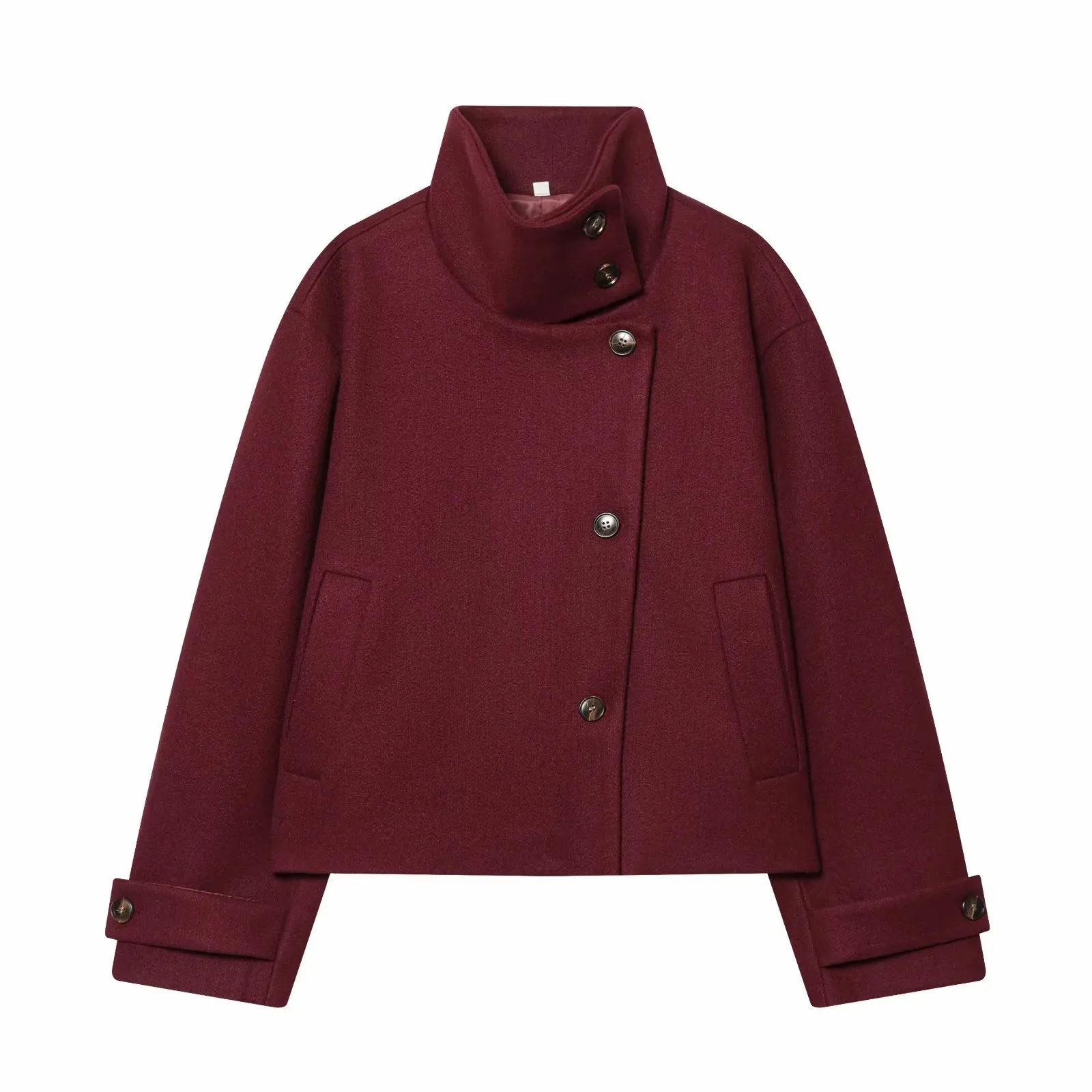 Women Vintage Stand Collar Breasted Long Sleeve Casual Woolen Coat Ladies Retro Long Sleeve Pockets Jacket Tops