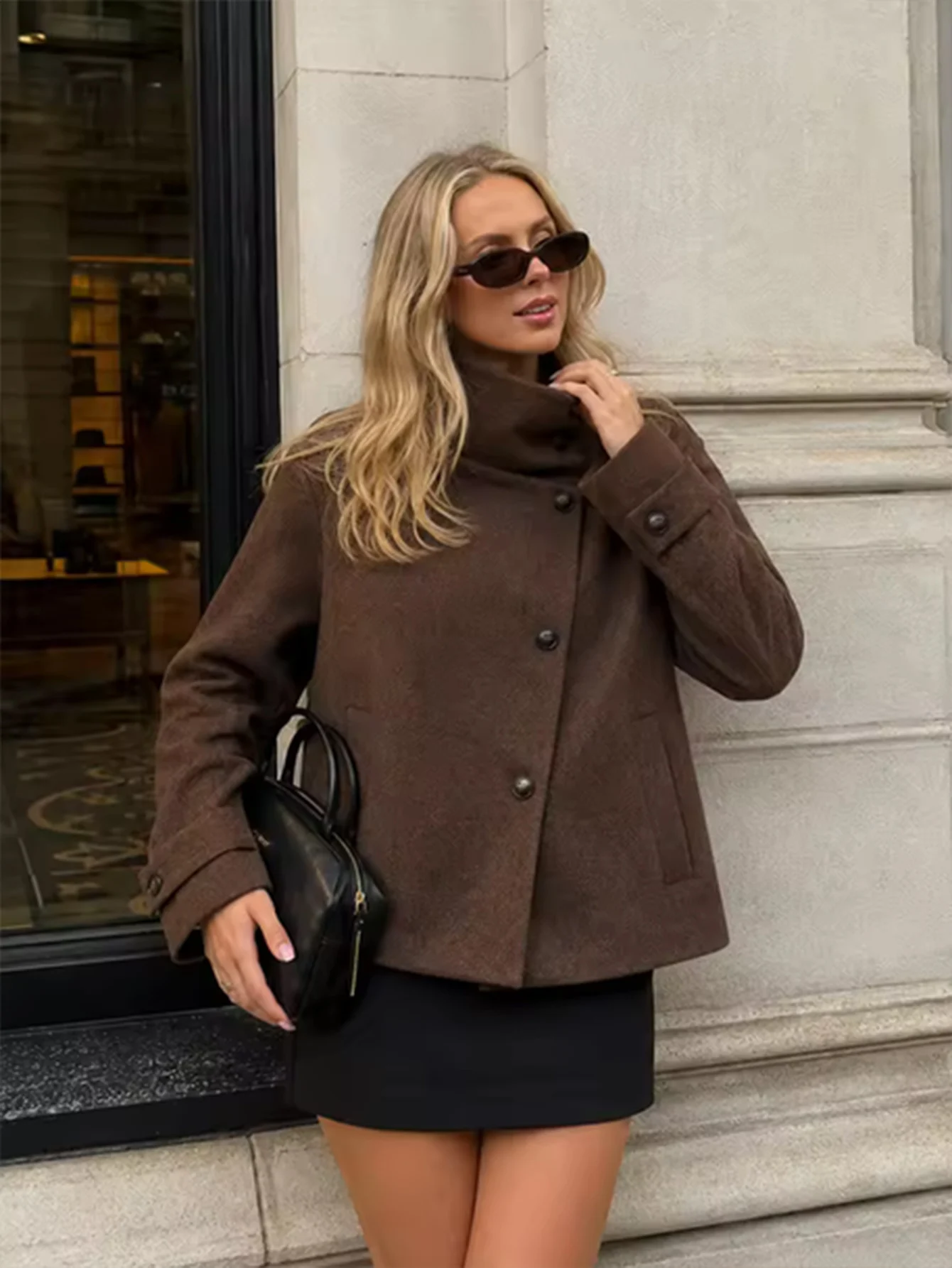 Women Vintage Stand Collar Breasted Long Sleeve Casual Woolen Coat Ladies Retro Long Sleeve Pockets Jacket Tops
