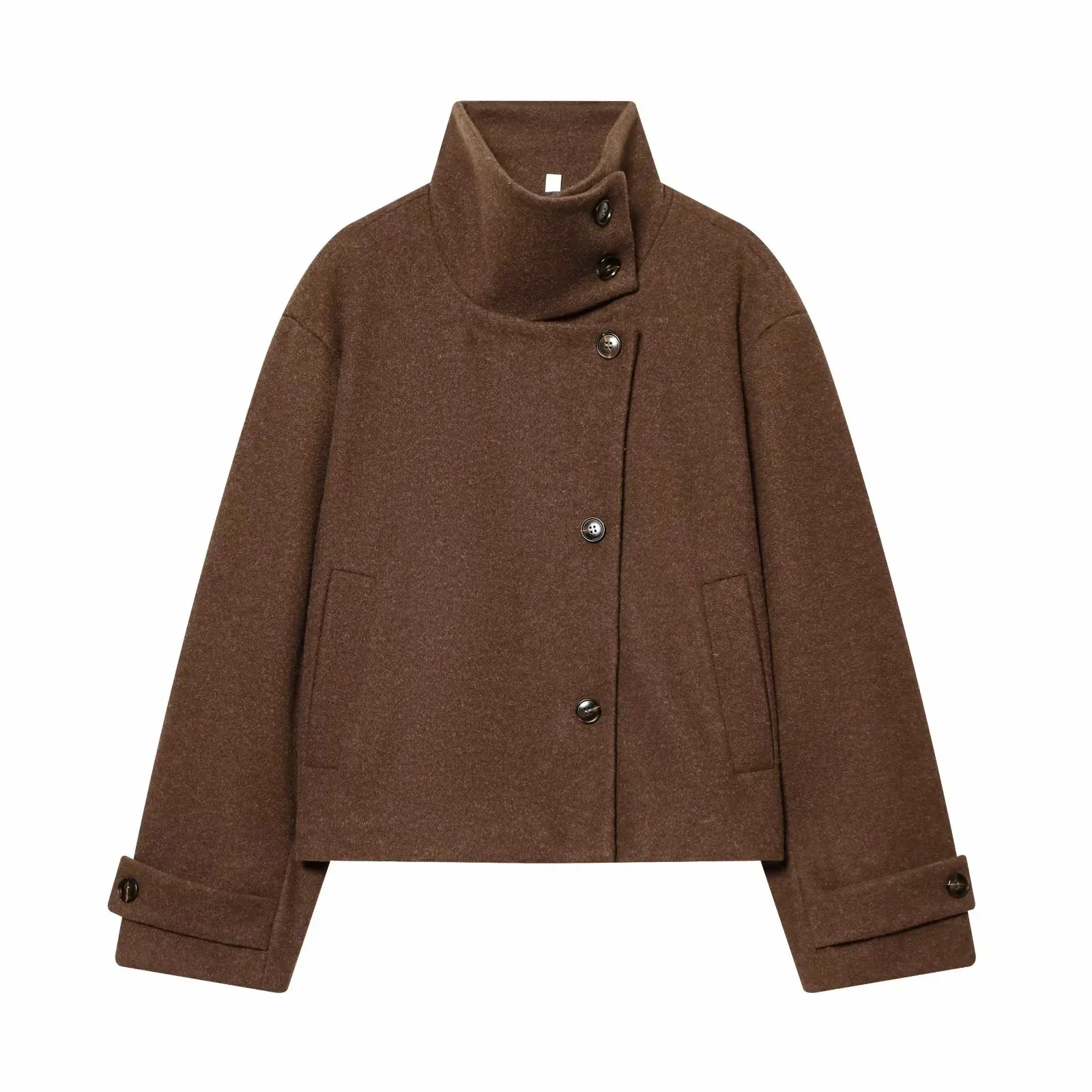 Women Vintage Stand Collar Breasted Long Sleeve Casual Woolen Coat Ladies Retro Long Sleeve Pockets Jacket Tops