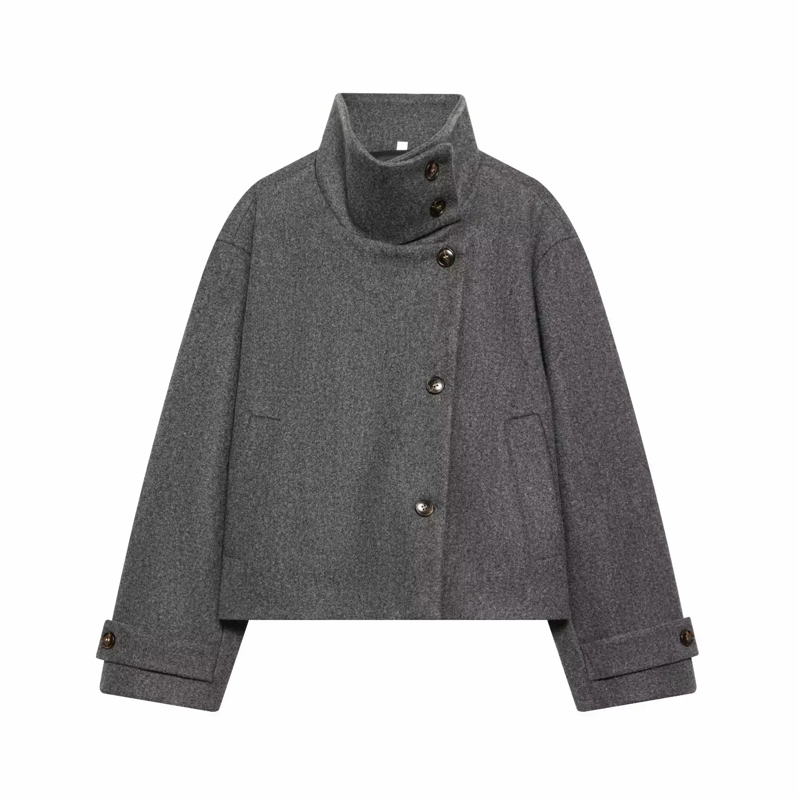 Women Vintage Stand Collar Breasted Long Sleeve Casual Woolen Coat Ladies Retro Long Sleeve Pockets Jacket Tops