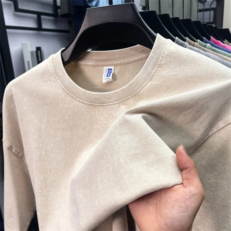 Summer Men's Washed 230G Heavy Cotton T-Shirts Vintage Faded Color Oversized Unisex Basic Tee Short Sleeve Loose Workout Tops