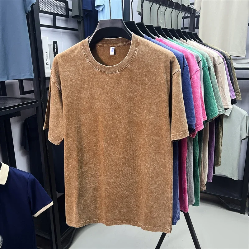 Summer Men's Washed 230G Heavy Cotton T-Shirts Vintage Faded Color Oversized Unisex Basic Tee Short Sleeve Loose Workout Tops