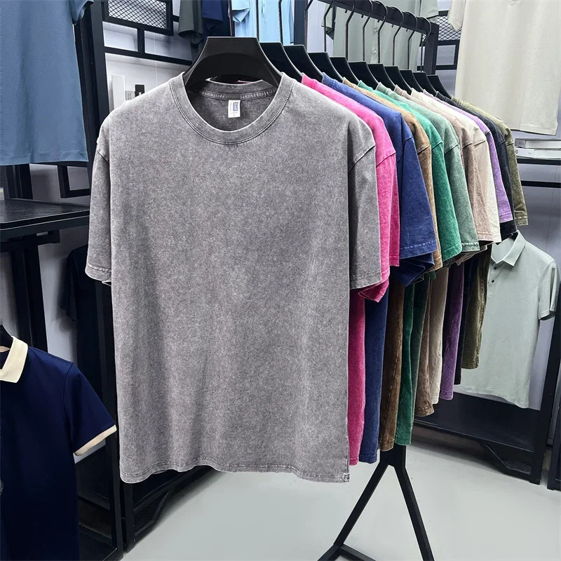 Summer Men's Washed 230G Heavy Cotton T-Shirts Vintage Faded Color Oversized Unisex Basic Tee Short Sleeve Loose Workout Tops