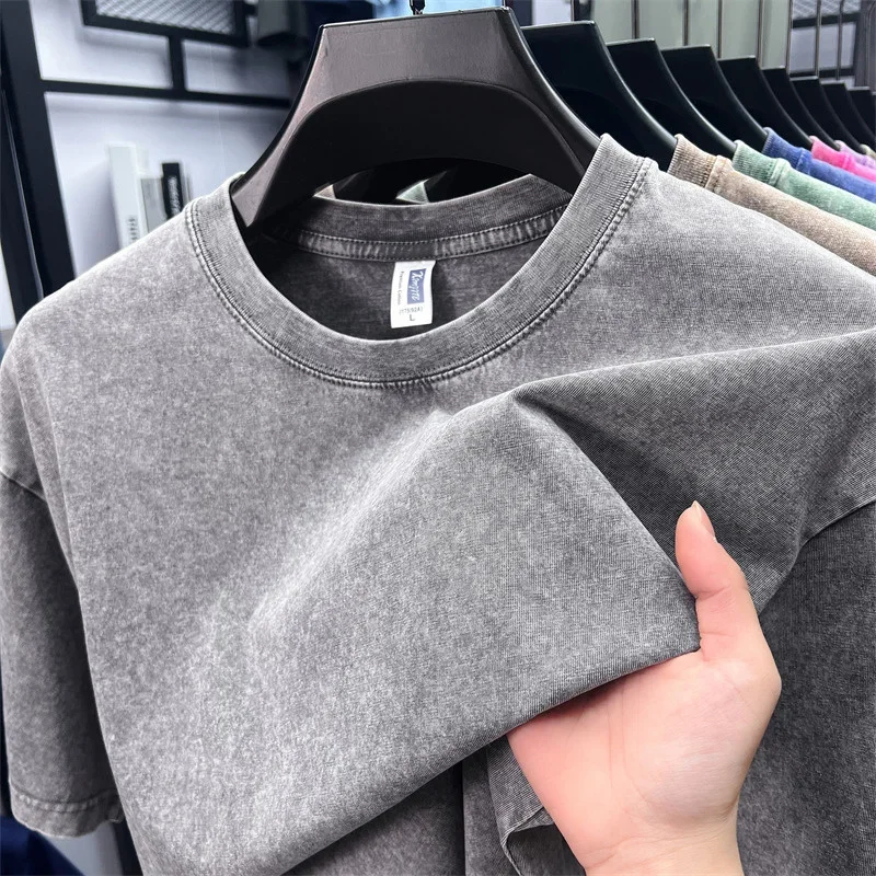 Summer Men's Washed 230G Heavy Cotton T-Shirts Vintage Faded Color Oversized Unisex Basic Tee Short Sleeve Loose Workout Tops
