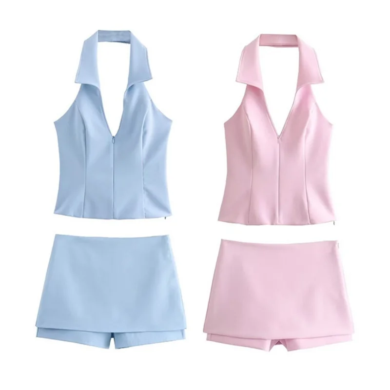 Women's Summer Two Tone Sports Casual Set, Halter Backless Top with Matching Short Skort, Perfect for Outdoor Activities