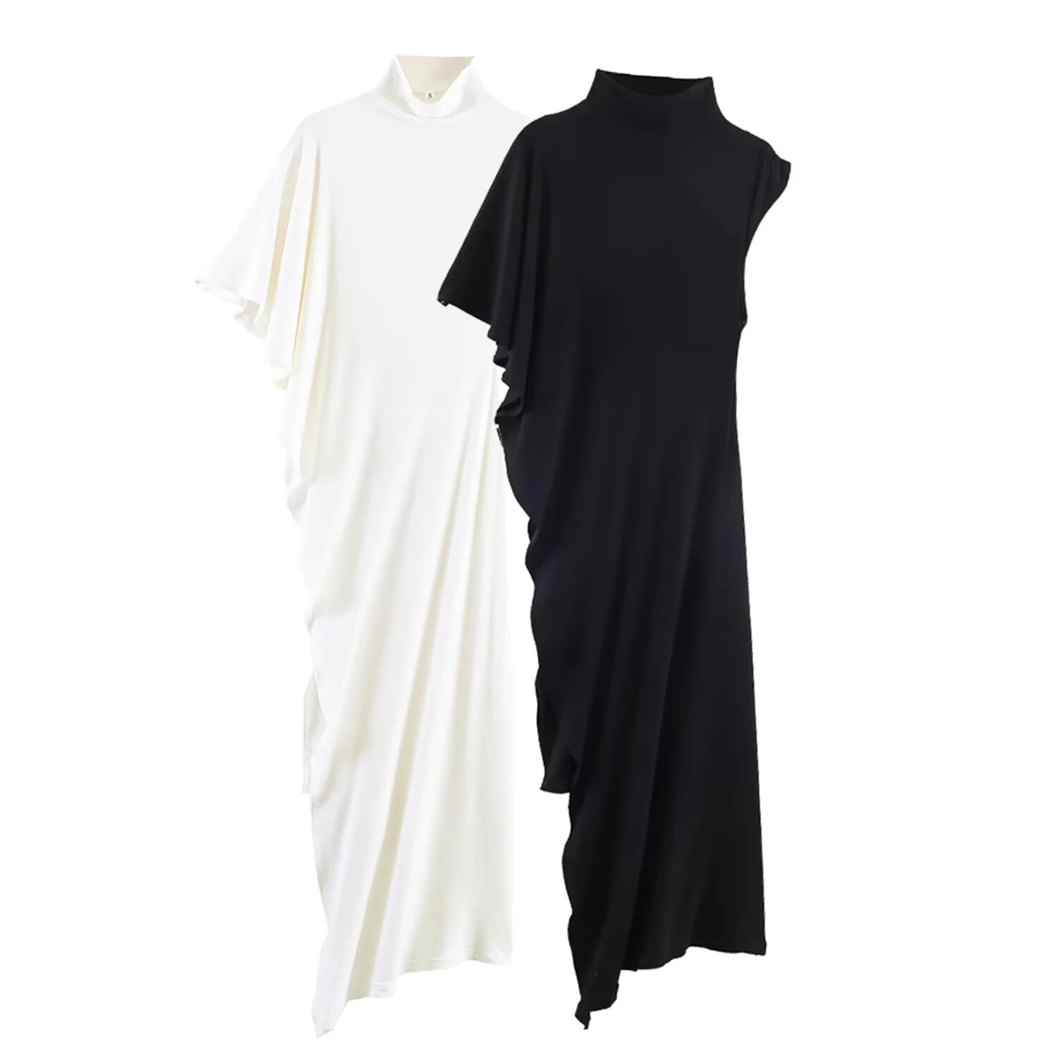 European and American style spring women's asymmetric pleated single sleeve high neck long casual top