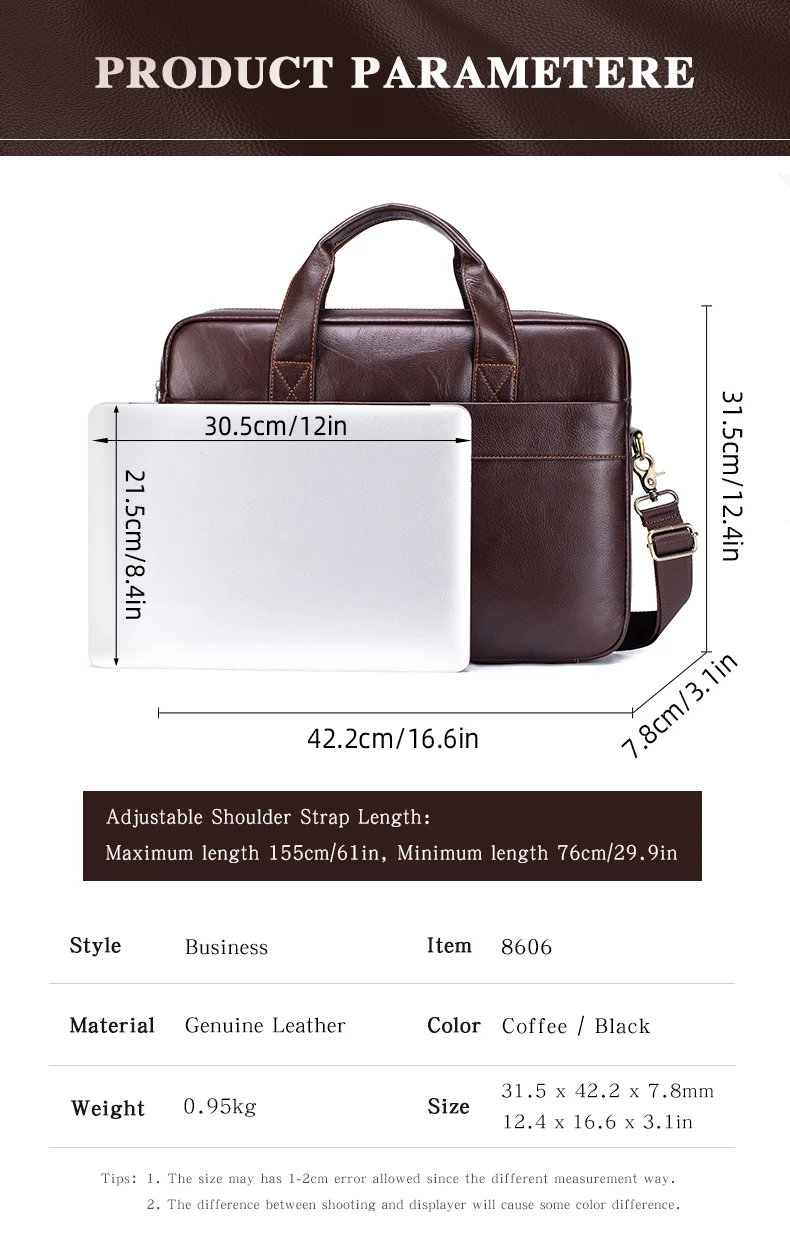 Genuine Leather Men's Briefcase Soft Luxury Business Bag 15.6 Inch Laptop Compatible Lightweight Office Commute Handbag