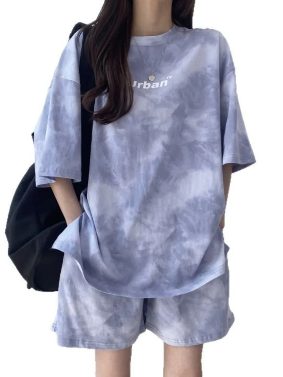 New in Summer Women's Tie Dye Workmanship Sportswear Set Short Sleeve Loose Wide Leg Shorts Casual Outfit Simple Two Piece Set