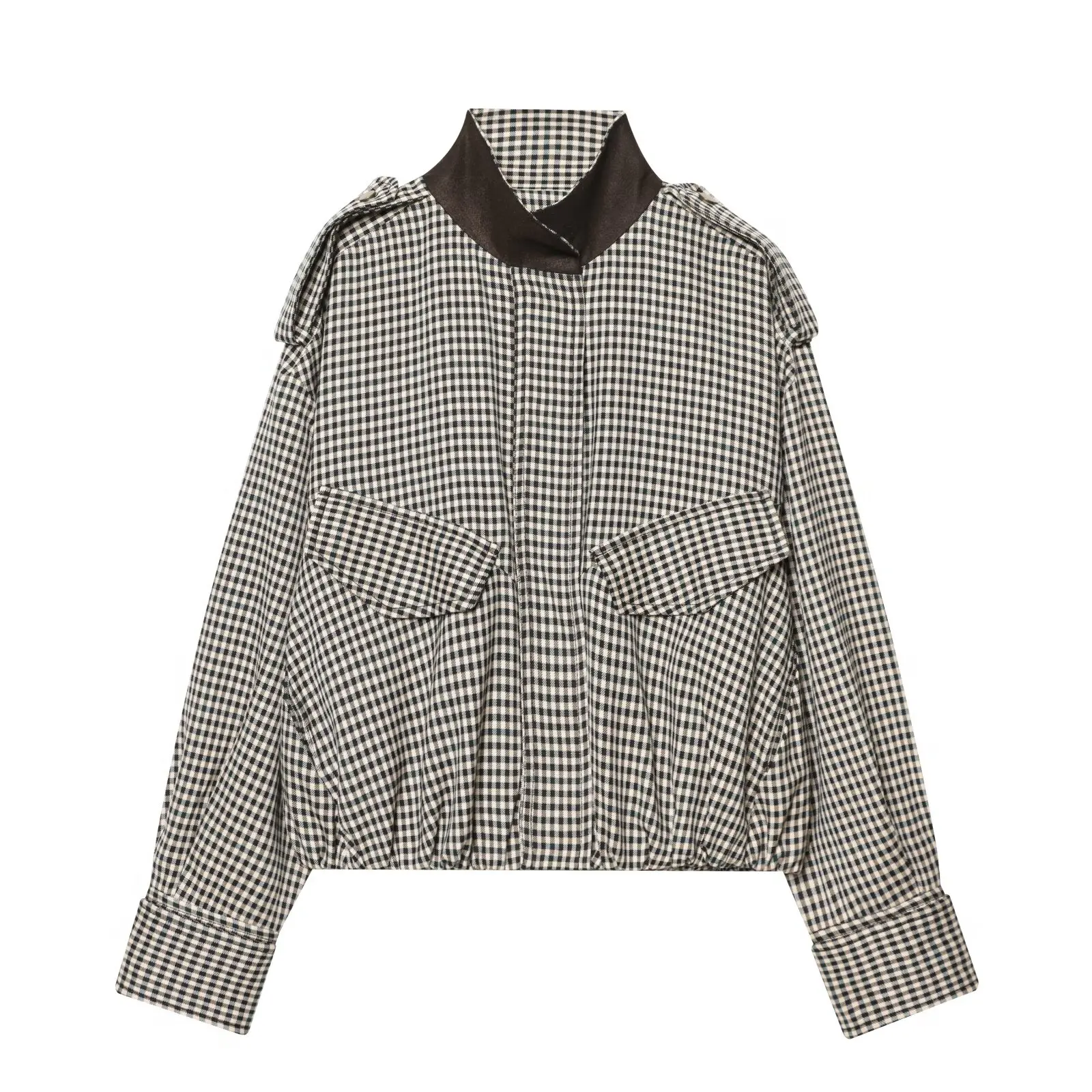 TFAFXY2026 Spring Casual Chic Women Checked Stand Collar Single Breasted Zipper Pockets Jacket Midi Skirt New Fashion Street Set