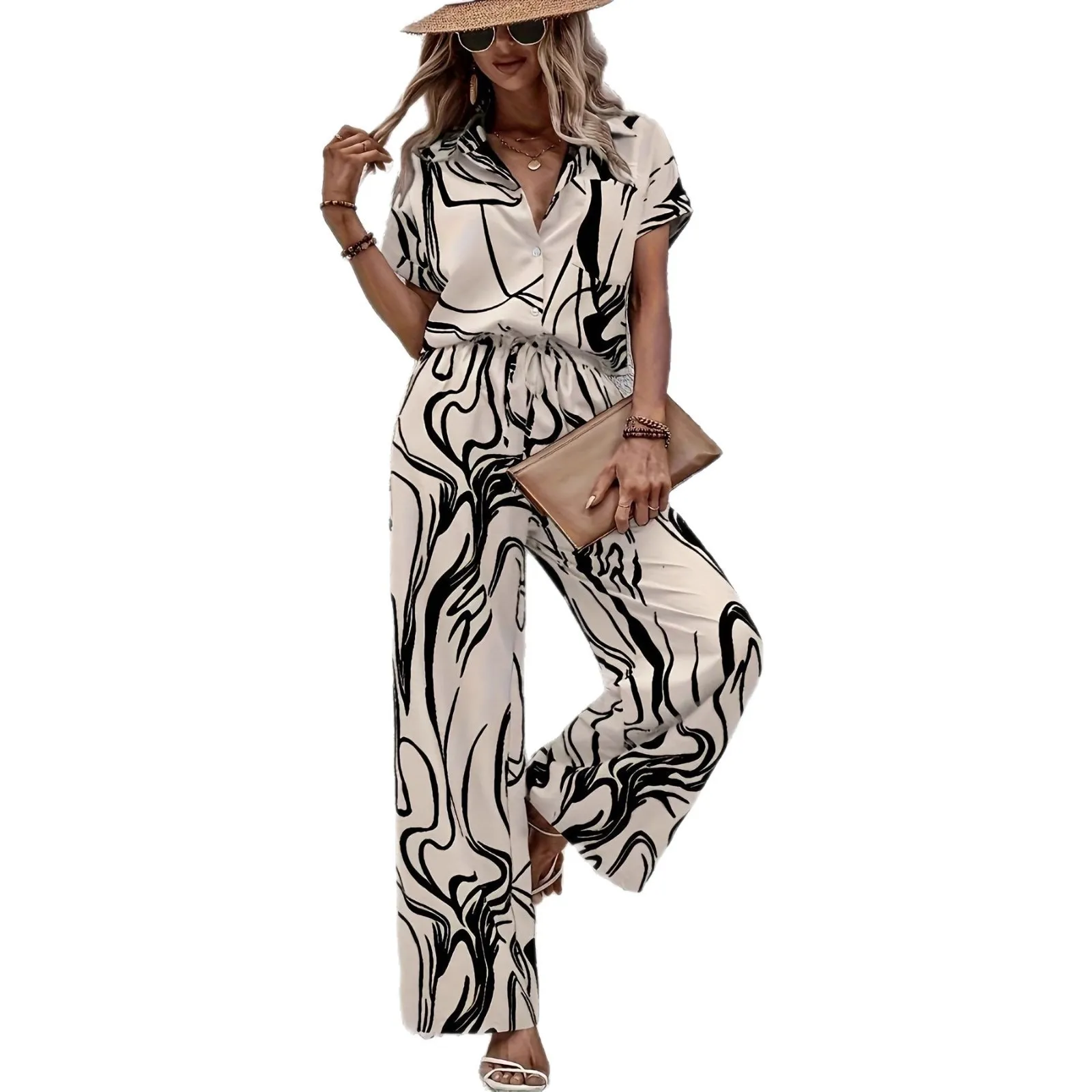 Women's 2026 Fashionable Printed Short Sleeve Shirt And Elastic Waist Wide Leg Pants Suit Set Casual Daily Commuting Spring Wear