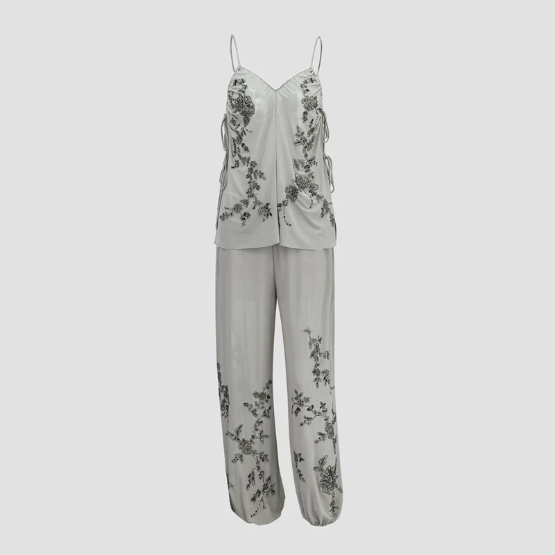 2026 Vintage Embroidery Lantern Pants Set Women Chic Sequin Splice Mesh Spaghetti Strap Backless Sling Suit Lady Daily Date Wear