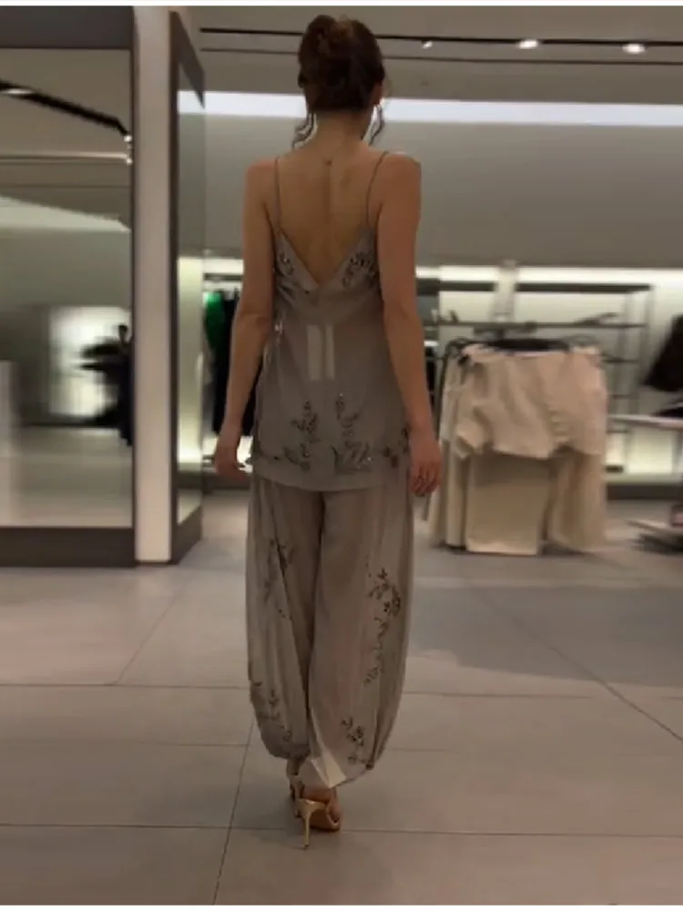 2026 Vintage Embroidery Lantern Pants Set Women Chic Sequin Splice Mesh Spaghetti Strap Backless Sling Suit Lady Daily Date Wear