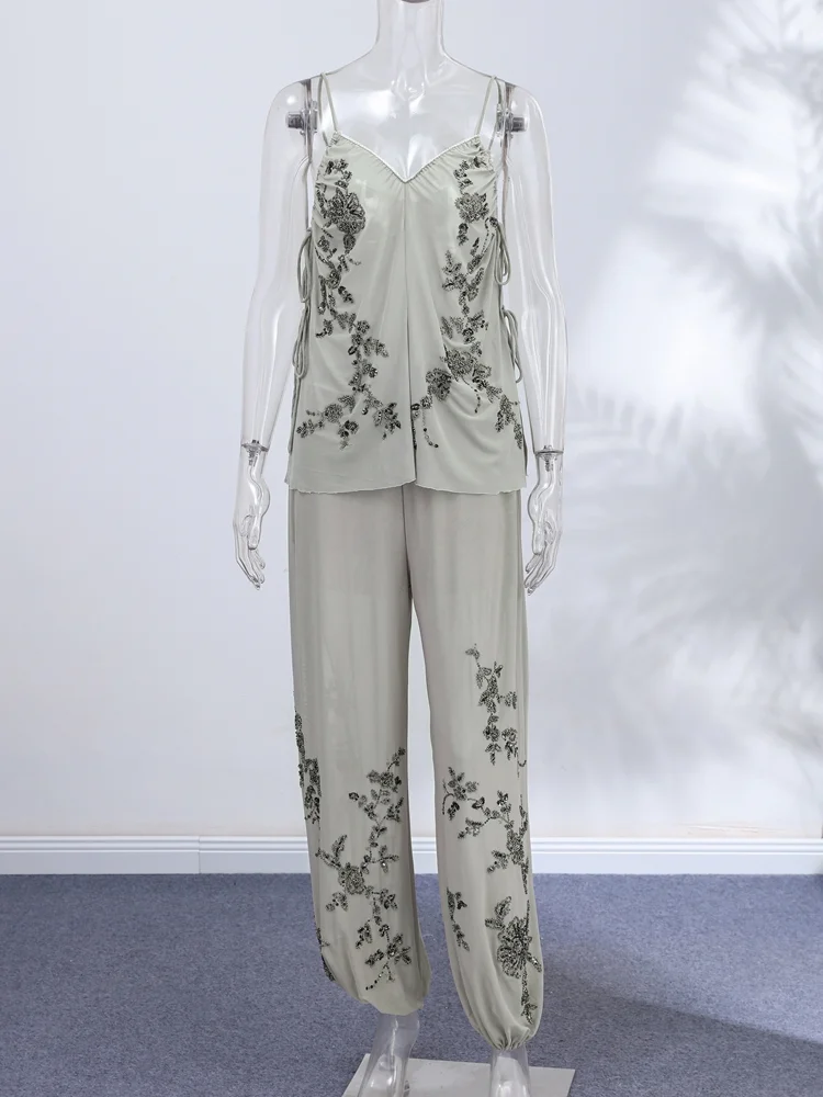 2026 Vintage Embroidery Lantern Pants Set Women Chic Sequin Splice Mesh Spaghetti Strap Backless Sling Suit Lady Daily Date Wear