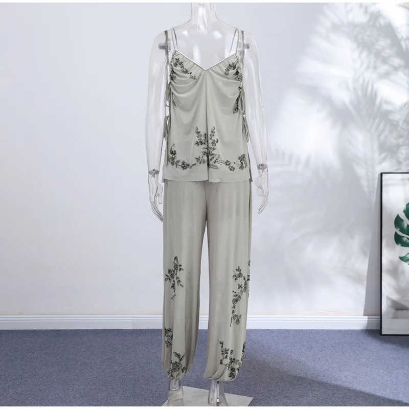 2026 Vintage Embroidery Lantern Pants Set Women Chic Sequin Splice Mesh Spaghetti Strap Backless Sling Suit Lady Daily Date Wear