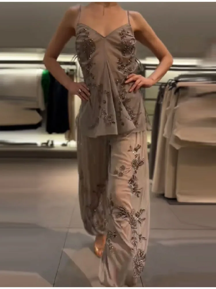 2026 Vintage Embroidery Lantern Pants Set Women Chic Sequin Splice Mesh Spaghetti Strap Backless Sling Suit Lady Daily Date Wear