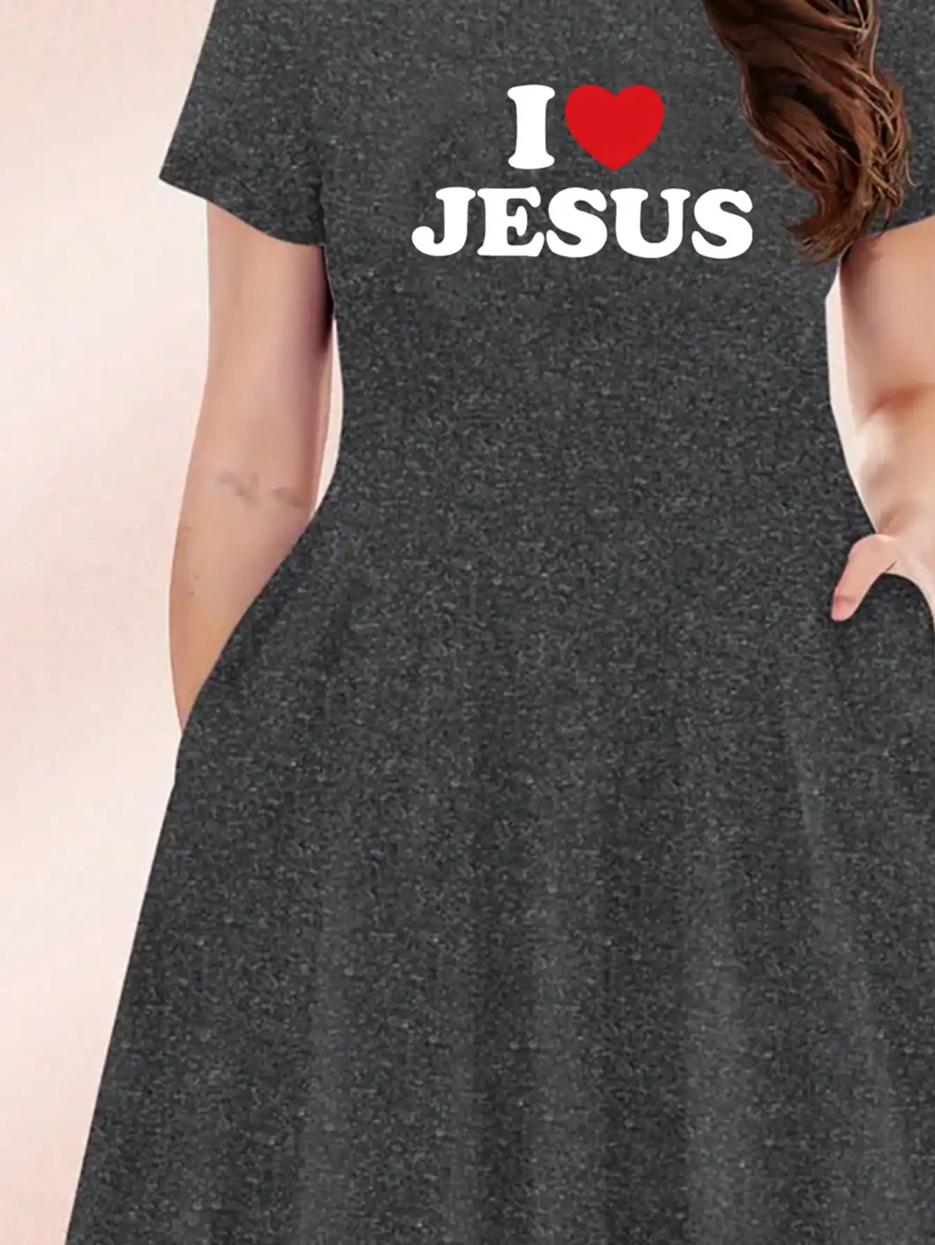 2026 Casual Versatile 'I Love Jesus' Printed Black Plus Size Round Neck Short Sleeved Dress, Suitable for Daily Travel