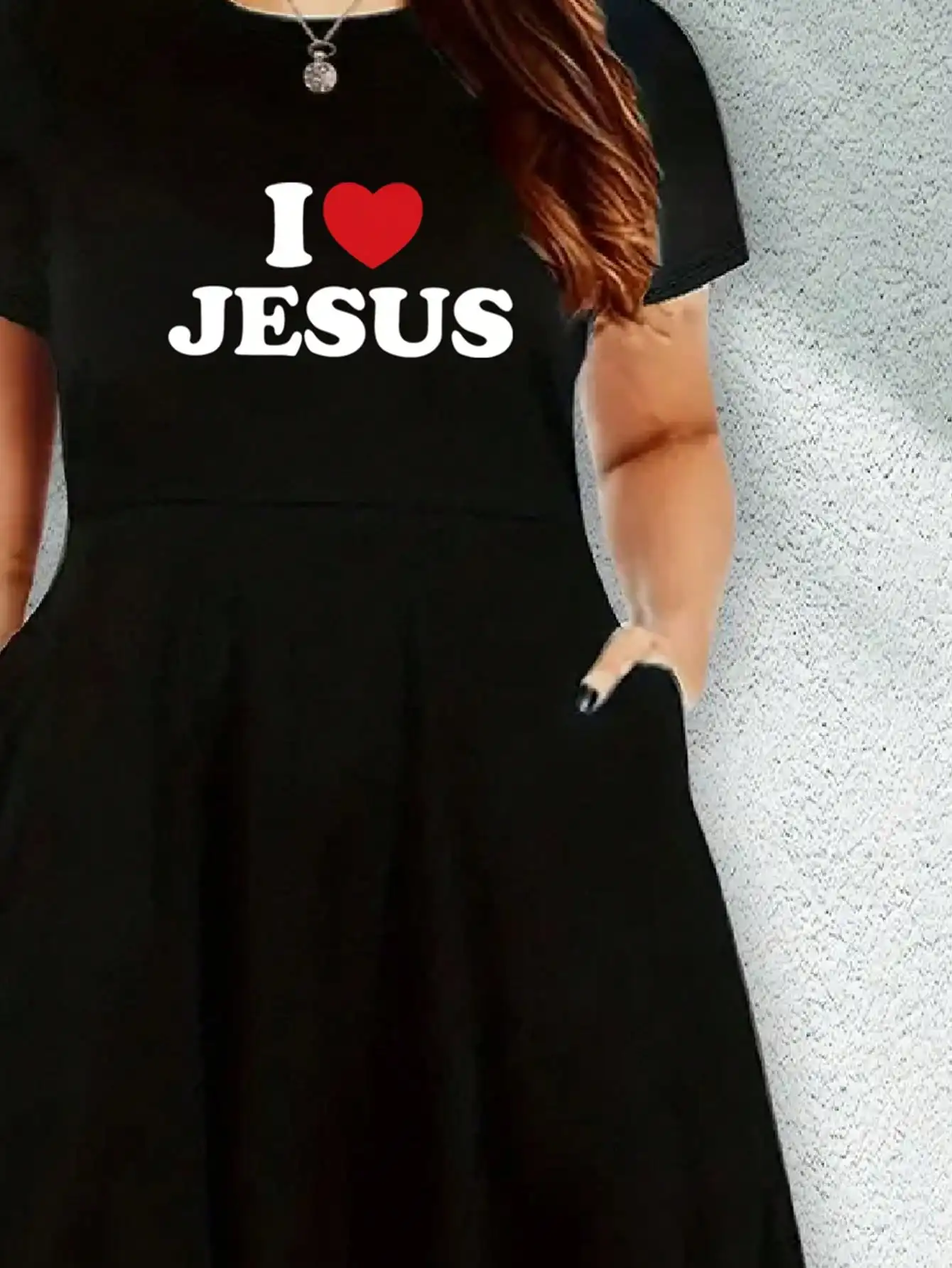 2026 Casual Versatile 'I Love Jesus' Printed Black Plus Size Round Neck Short Sleeved Dress, Suitable for Daily Travel