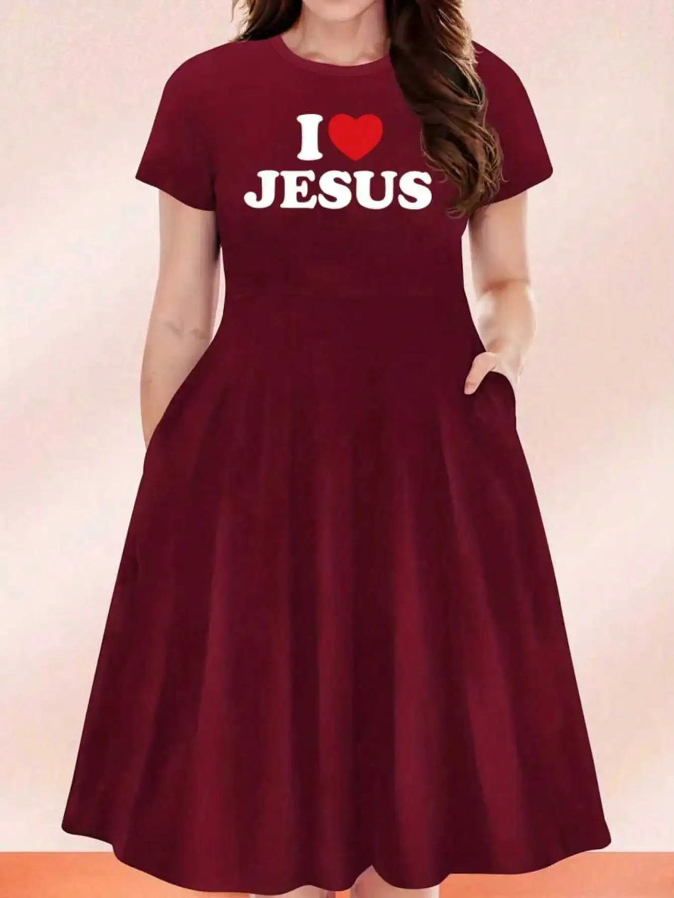 2026 Casual Versatile 'I Love Jesus' Printed Black Plus Size Round Neck Short Sleeved Dress, Suitable for Daily Travel