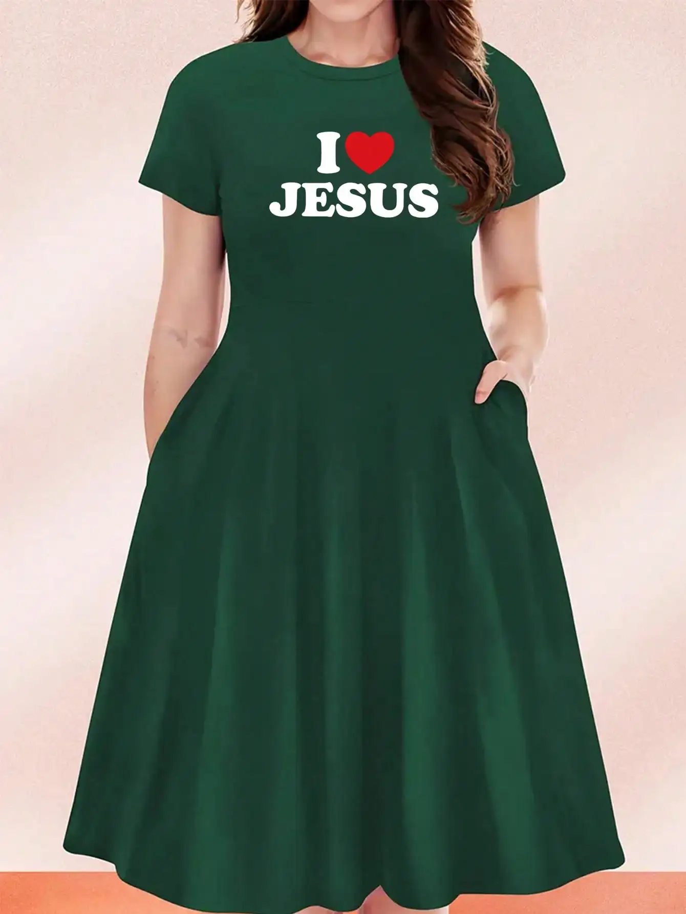 2026 Casual Versatile 'I Love Jesus' Printed Black Plus Size Round Neck Short Sleeved Dress, Suitable for Daily Travel