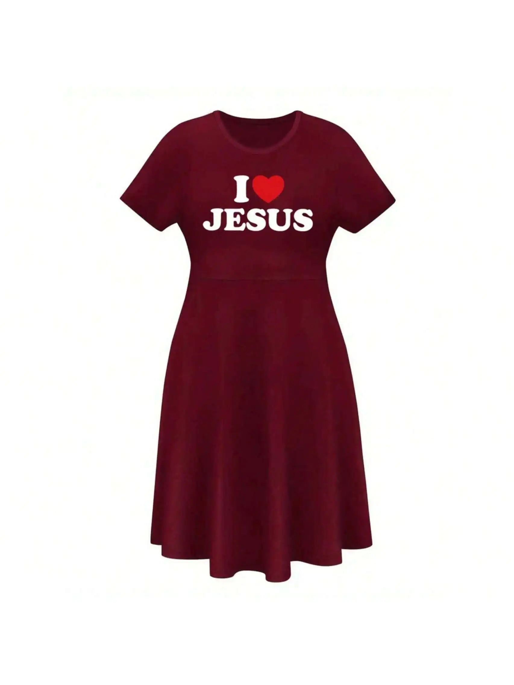 2026 Casual Versatile 'I Love Jesus' Printed Black Plus Size Round Neck Short Sleeved Dress, Suitable for Daily Travel