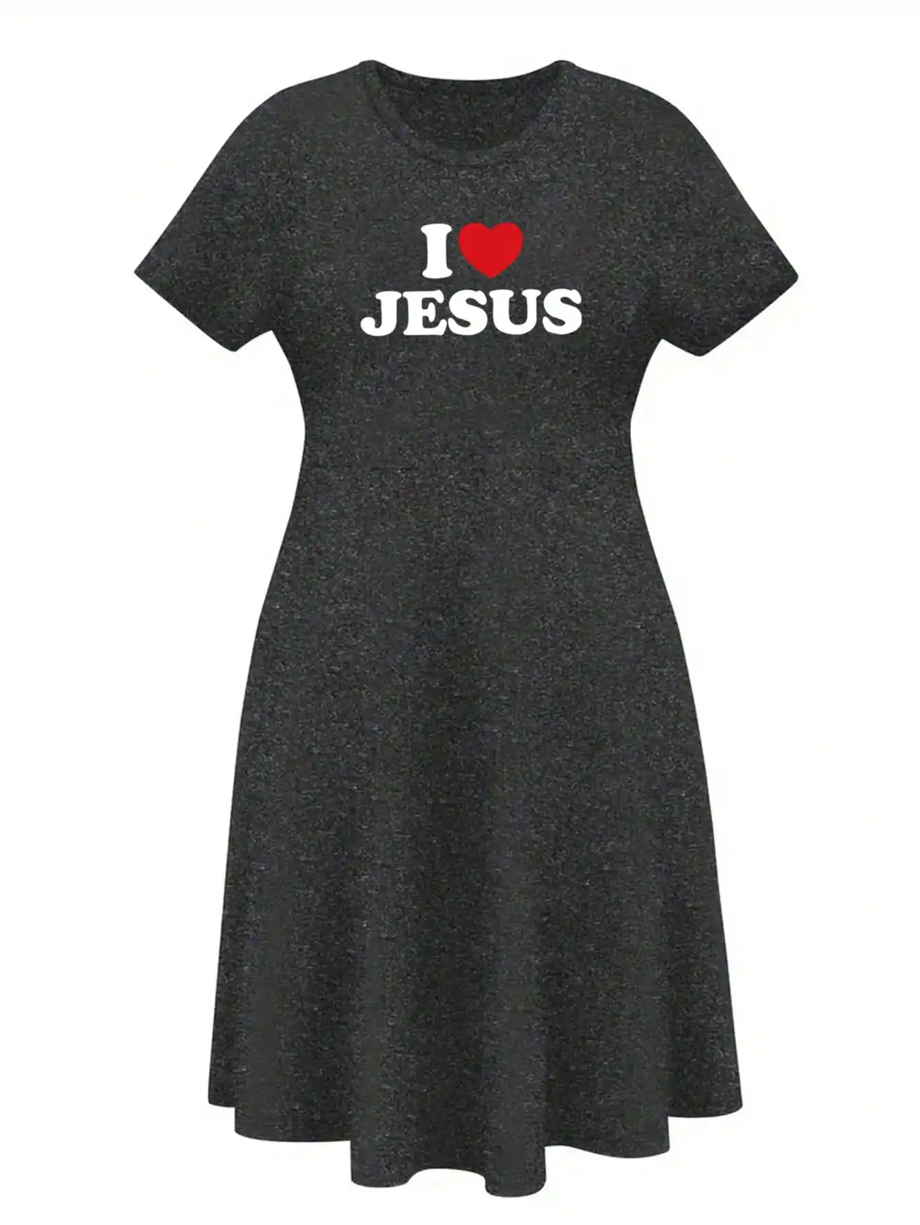 2026 Casual Versatile 'I Love Jesus' Printed Black Plus Size Round Neck Short Sleeved Dress, Suitable for Daily Travel