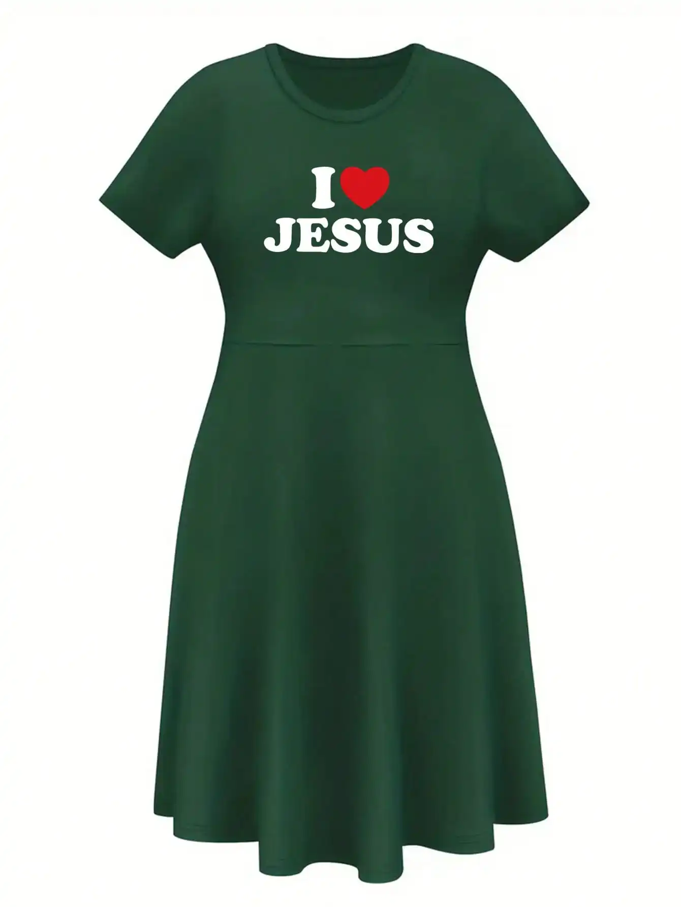 2026 Casual Versatile 'I Love Jesus' Printed Black Plus Size Round Neck Short Sleeved Dress, Suitable for Daily Travel