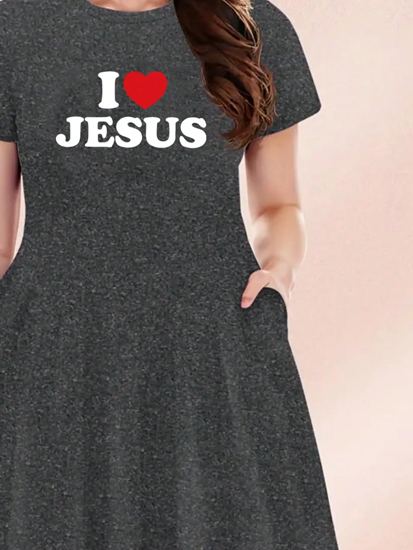 2026 Casual Versatile 'I Love Jesus' Printed Black Plus Size Round Neck Short Sleeved Dress, Suitable for Daily Travel