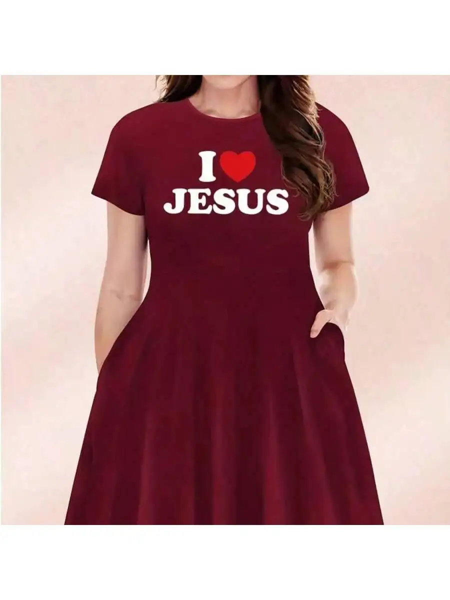 2026 Casual Versatile 'I Love Jesus' Printed Black Plus Size Round Neck Short Sleeved Dress, Suitable for Daily Travel