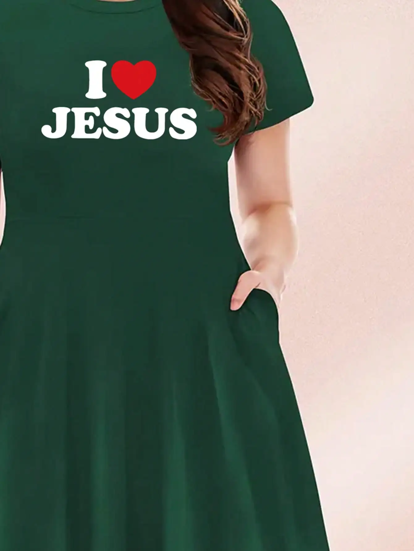 2026 Casual Versatile 'I Love Jesus' Printed Black Plus Size Round Neck Short Sleeved Dress, Suitable for Daily Travel