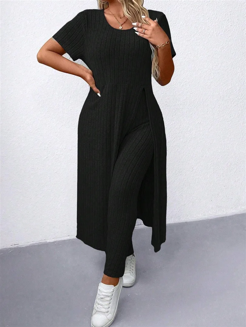 European American Fashion Casual Long Skirt Pants Set Short-Sleeved Slit Design for Spring Autumn Seasons Hot Selling