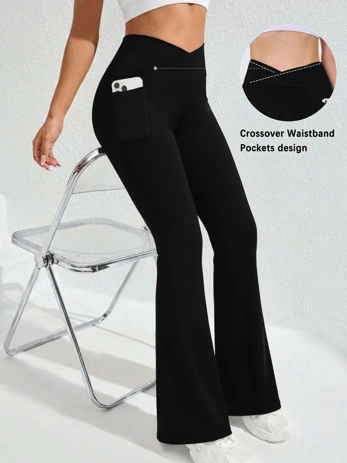Women's Super Soft Crossover High Waisted Flare Legging With Pockets, Tummy Control Yoga Bootleg Bell Bottoms