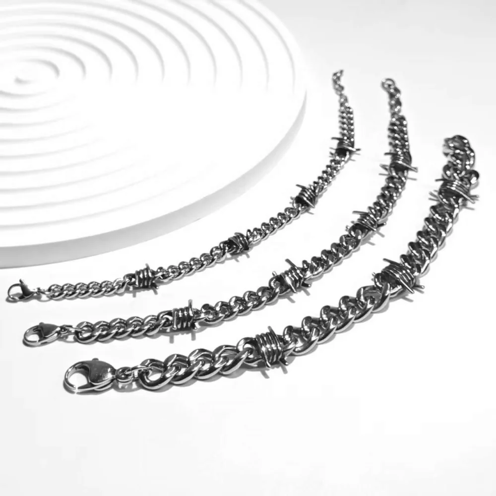 Stainless Steel Thorn Cuban Link Chains Bracelet for Men Women Barbed Wire Chain Bracelets Adjustable Punk Emo Style Jewelry