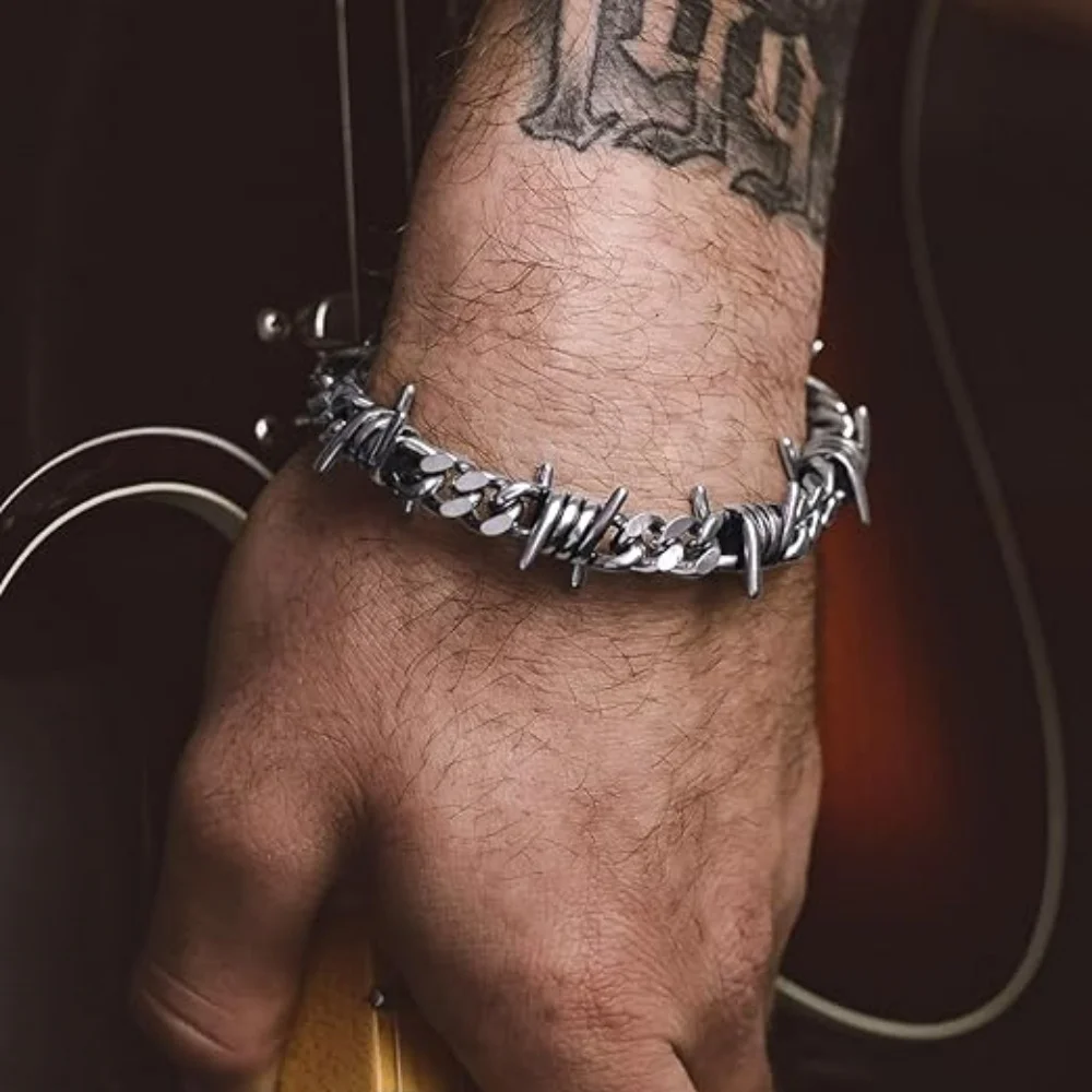 Stainless Steel Thorn Cuban Link Chains Bracelet for Men Women Barbed Wire Chain Bracelets Adjustable Punk Emo Style Jewelry