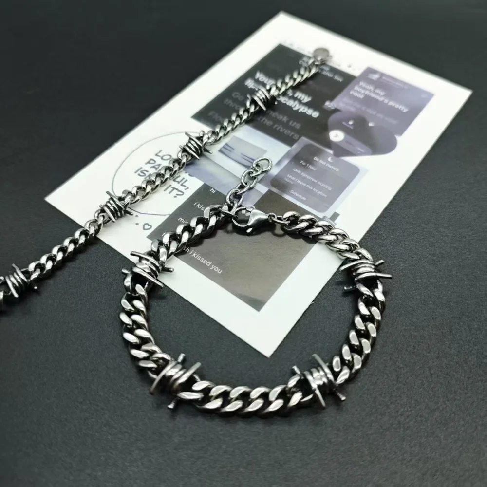 Stainless Steel Thorn Cuban Link Chains Bracelet for Men Women Barbed Wire Chain Bracelets Adjustable Punk Emo Style Jewelry