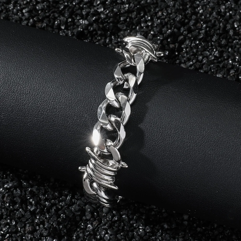 Stainless Steel Thorn Cuban Link Chains Bracelet for Men Women Barbed Wire Chain Bracelets Adjustable Punk Emo Style Jewelry