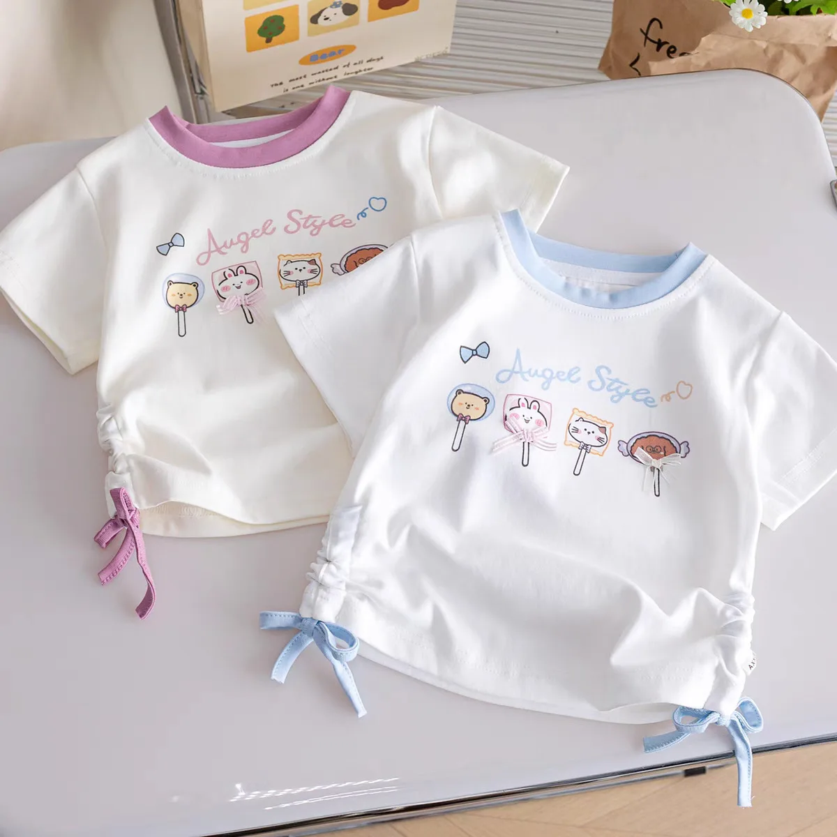 Girls T-shirts Summer Short Sleeve Kids Tees Lovely Cat Children Lace Tops Animals Cute Babies Costumes