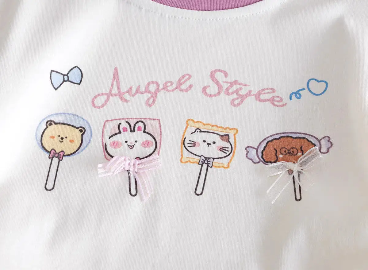 Girls T-shirts Summer Short Sleeve Kids Tees Lovely Cat Children Lace Tops Animals Cute Babies Costumes