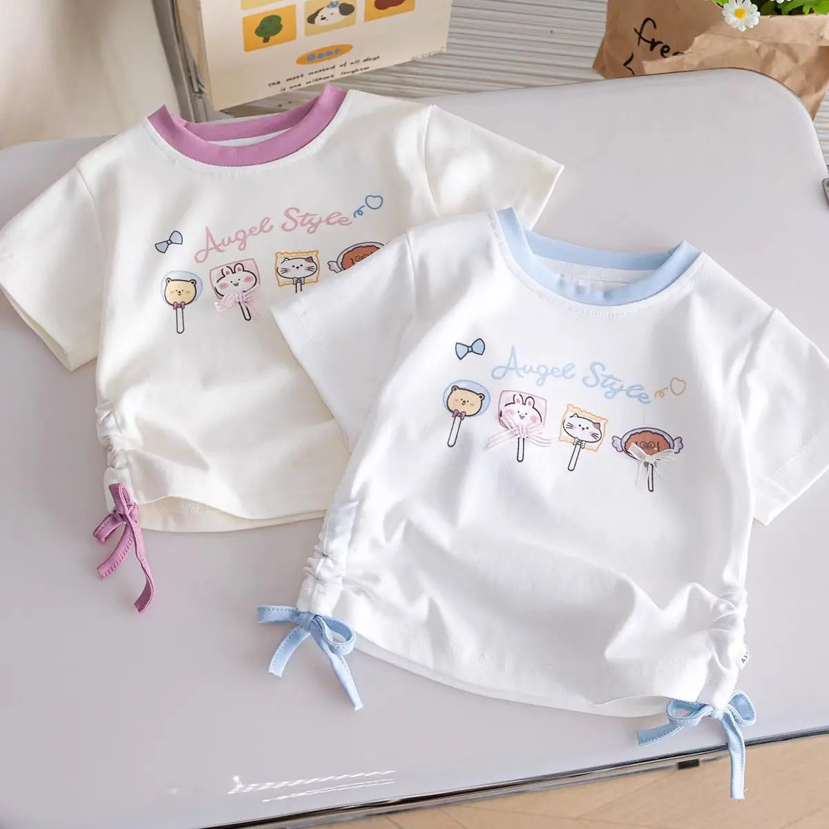 Girls T-shirts Summer Short Sleeve Kids Tees Lovely Cat Children Lace Tops Animals Cute Babies Costumes