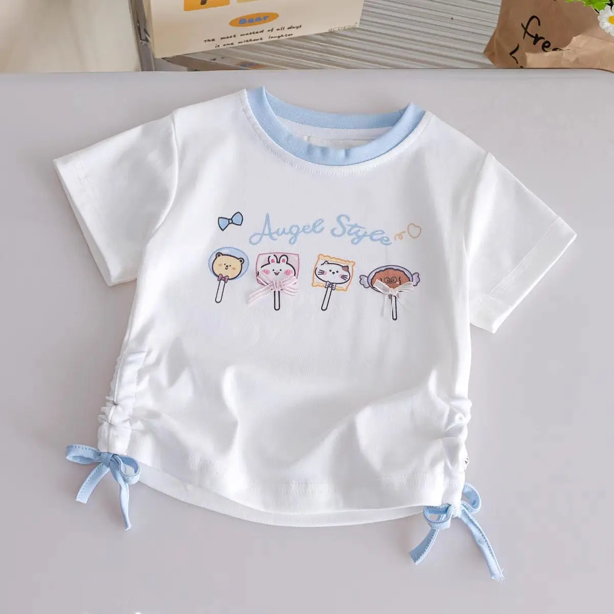 Girls T-shirts Summer Short Sleeve Kids Tees Lovely Cat Children Lace Tops Animals Cute Babies Costumes