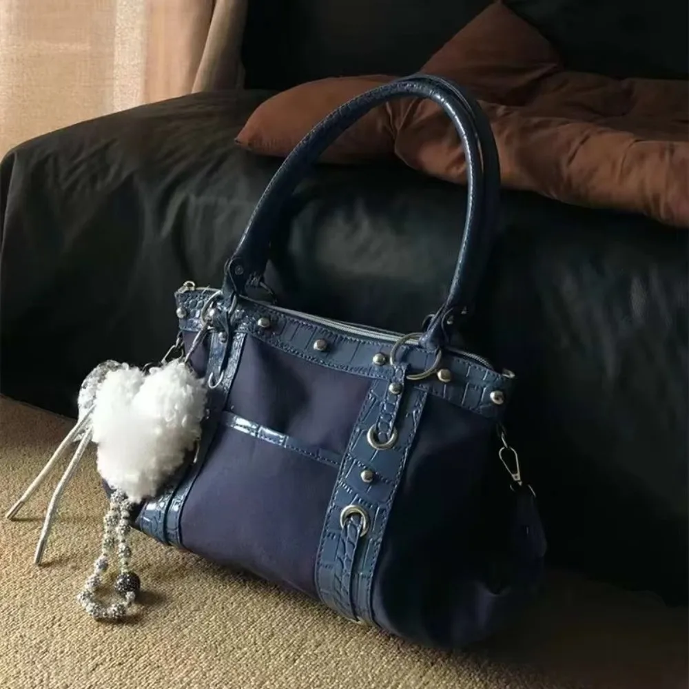 Vintage Style Y2K Patchwork Shoulder Bag Riveted Design Large Capacity Underarm Bag Handbags Women Casual Wear