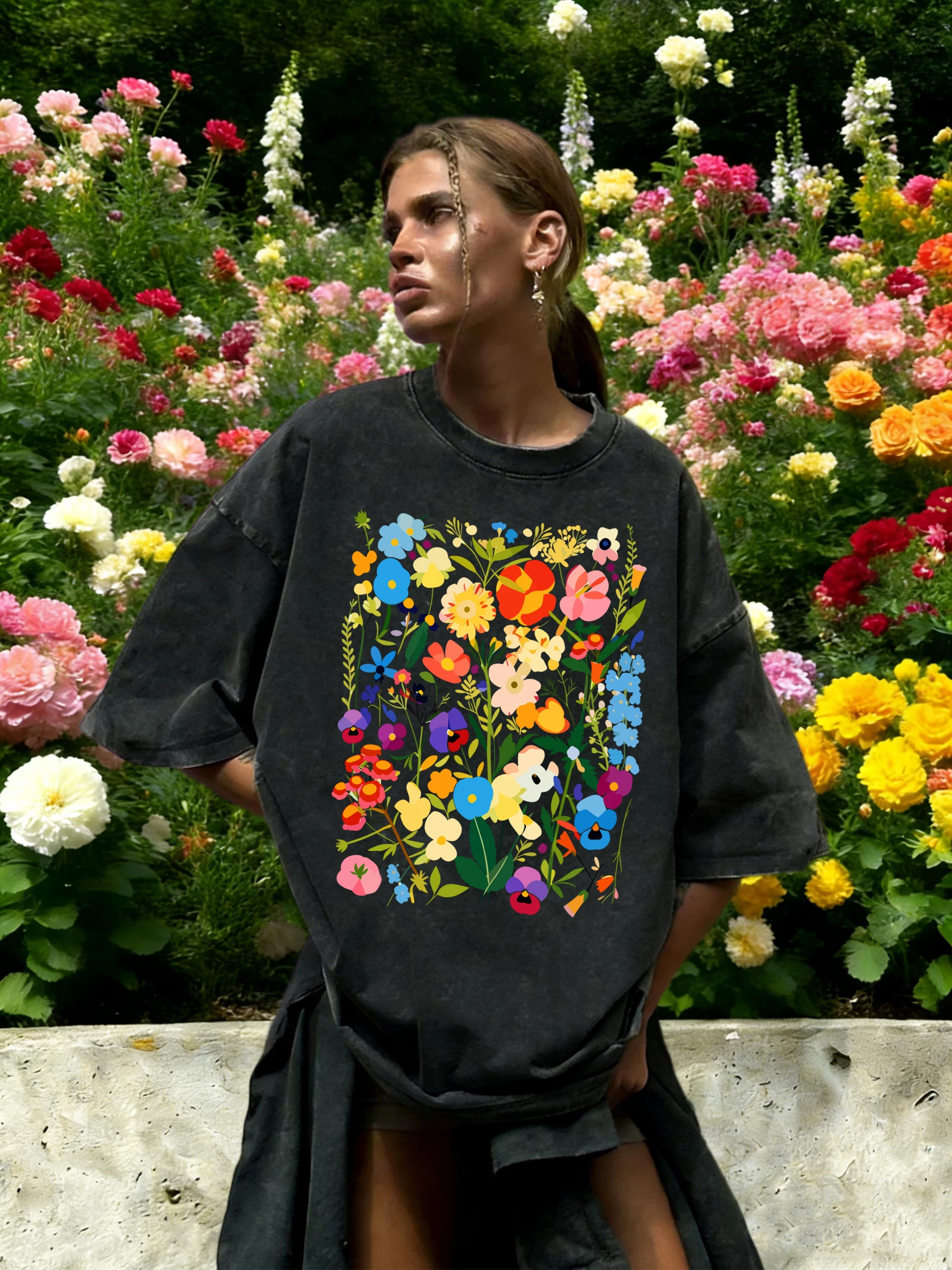 Bohemian Colorful Flowers Print Washed T-Shirt Women Cotton Summer Short Sleeves Loose Breathable T Shirts Y2K Soft Streetwear