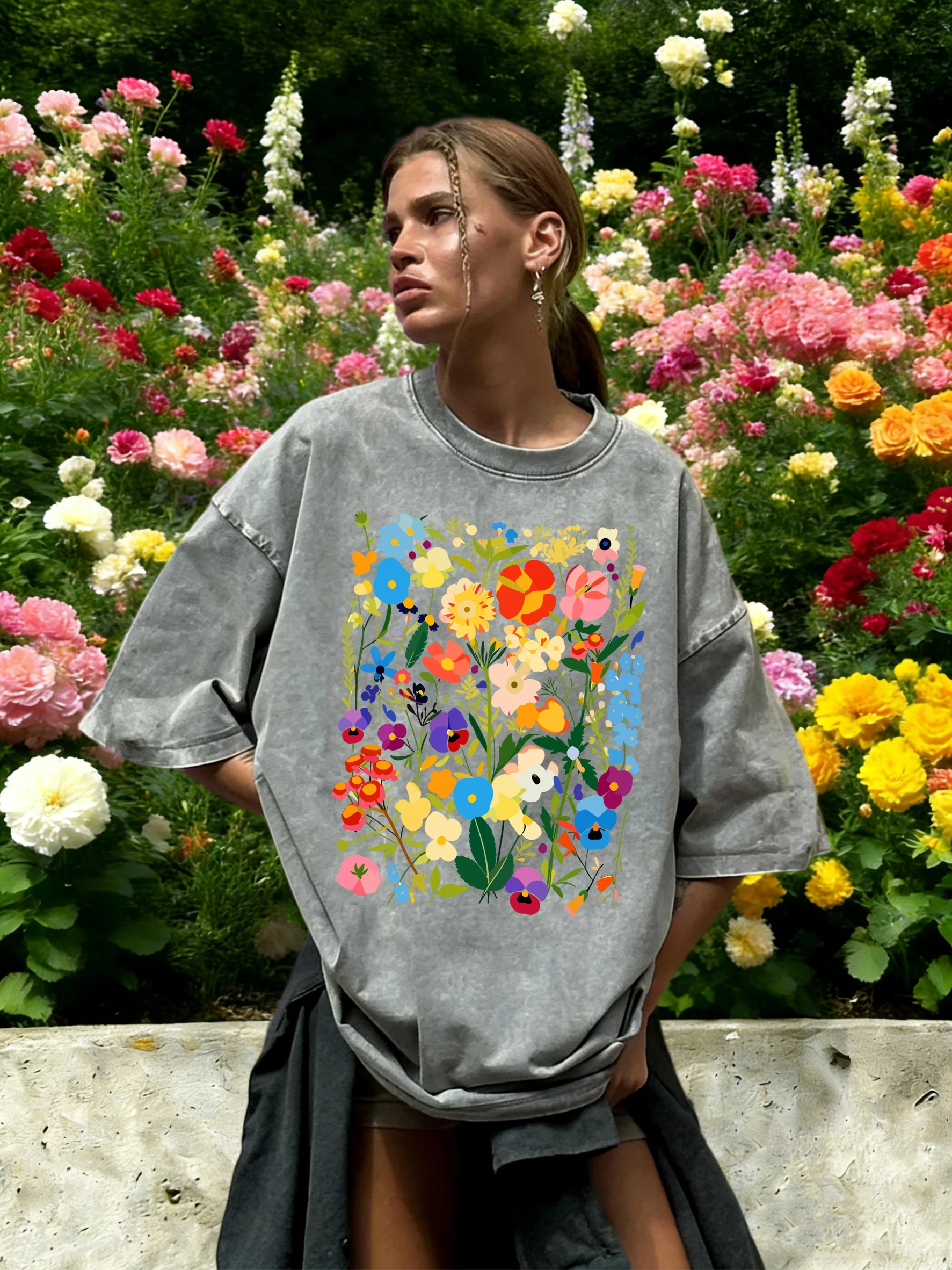 Bohemian Colorful Flowers Print Washed T-Shirt Women Cotton Summer Short Sleeves Loose Breathable T Shirts Y2K Soft Streetwear