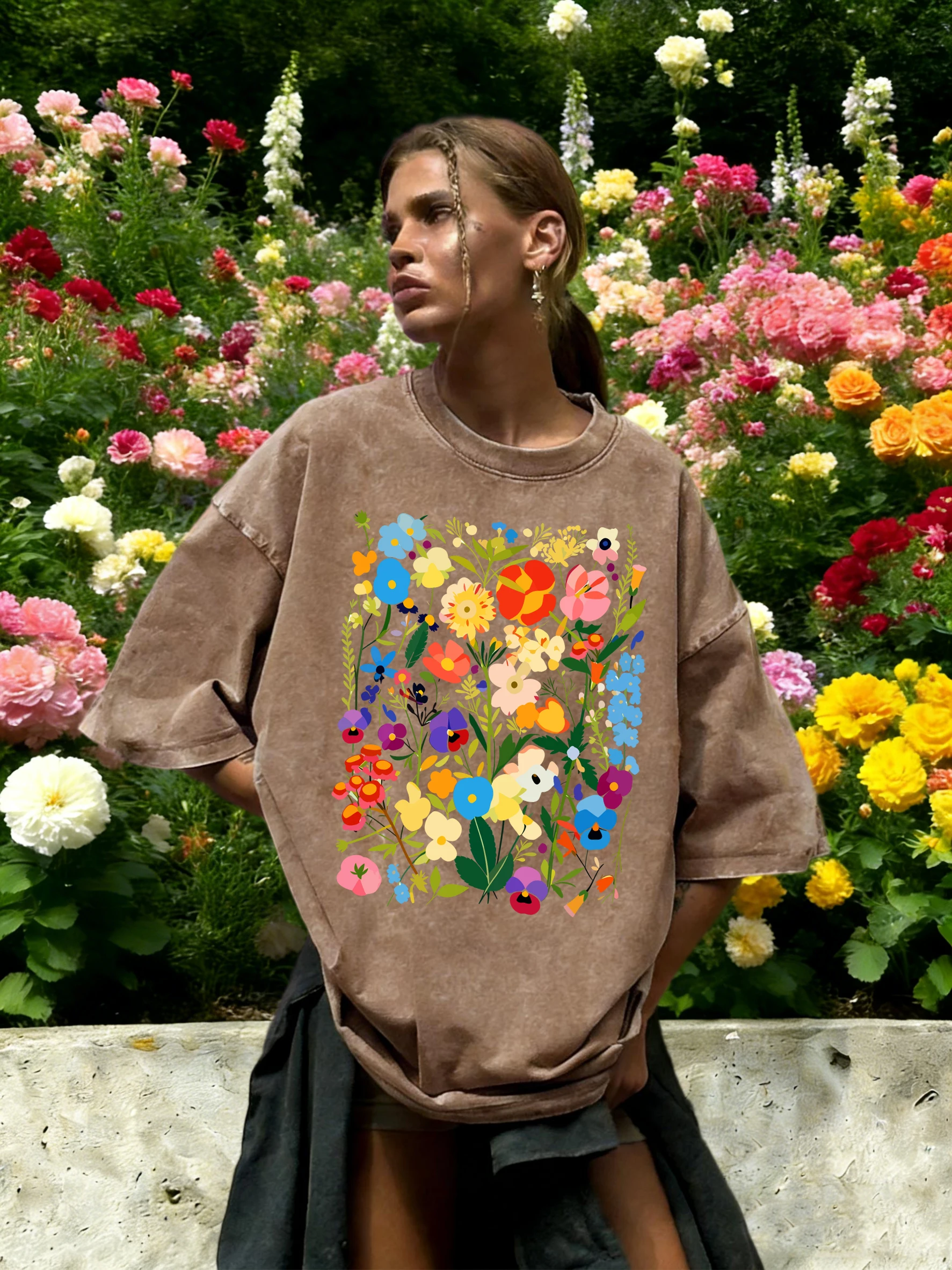 Bohemian Colorful Flowers Print Washed T-Shirt Women Cotton Summer Short Sleeves Loose Breathable T Shirts Y2K Soft Streetwear