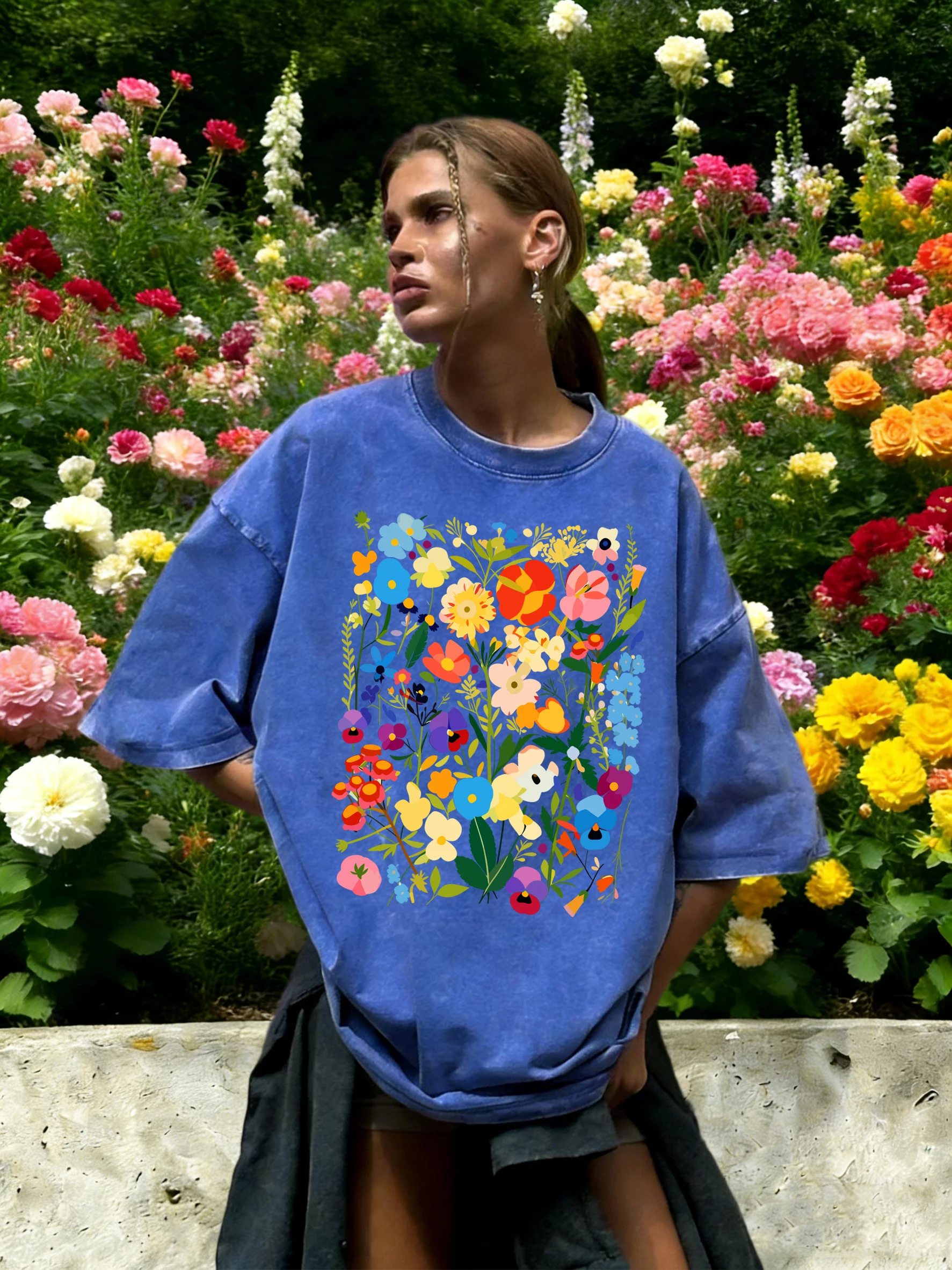 Bohemian Colorful Flowers Print Washed T-Shirt Women Cotton Summer Short Sleeves Loose Breathable T Shirts Y2K Soft Streetwear