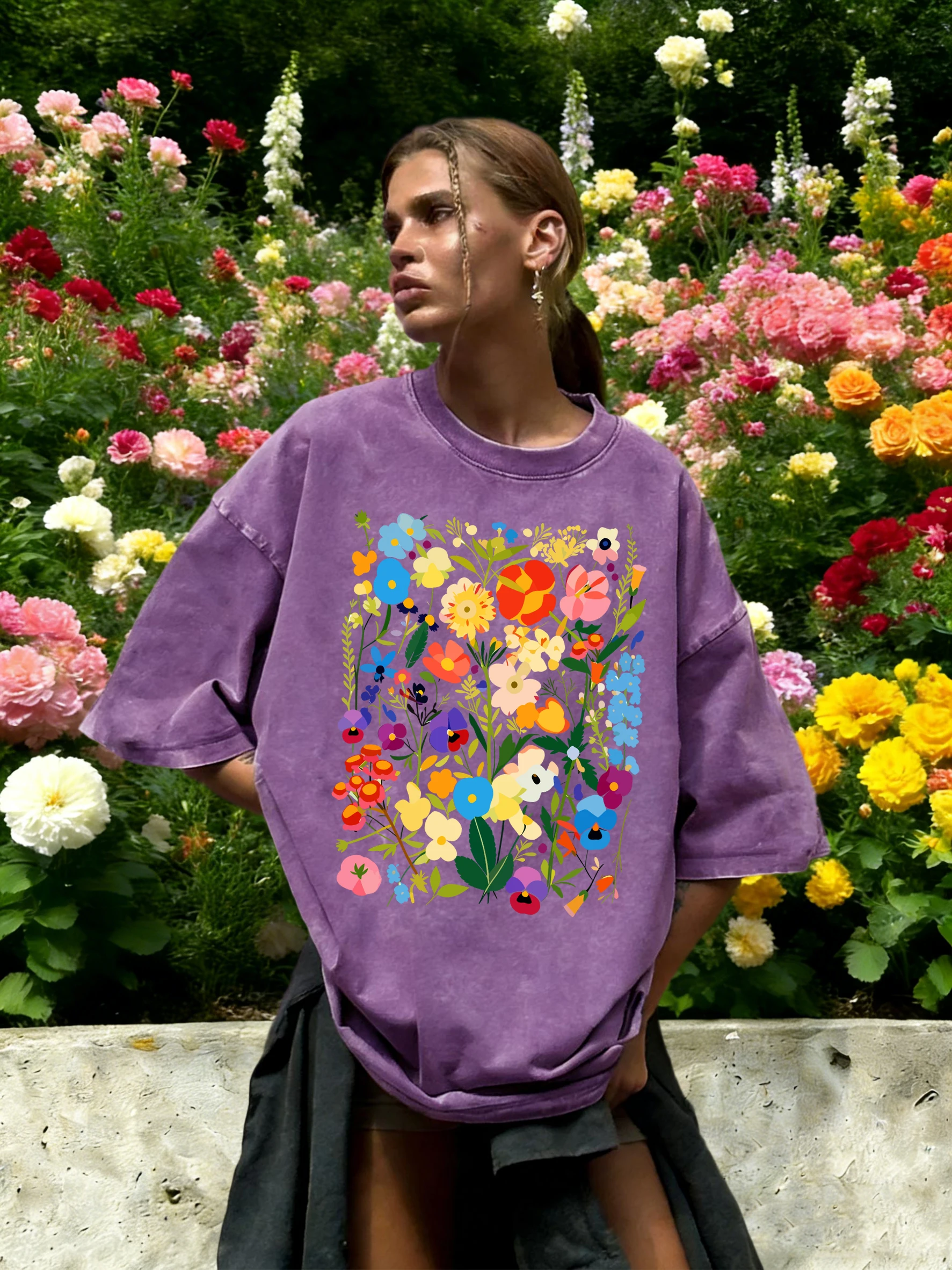 Bohemian Colorful Flowers Print Washed T-Shirt Women Cotton Summer Short Sleeves Loose Breathable T Shirts Y2K Soft Streetwear