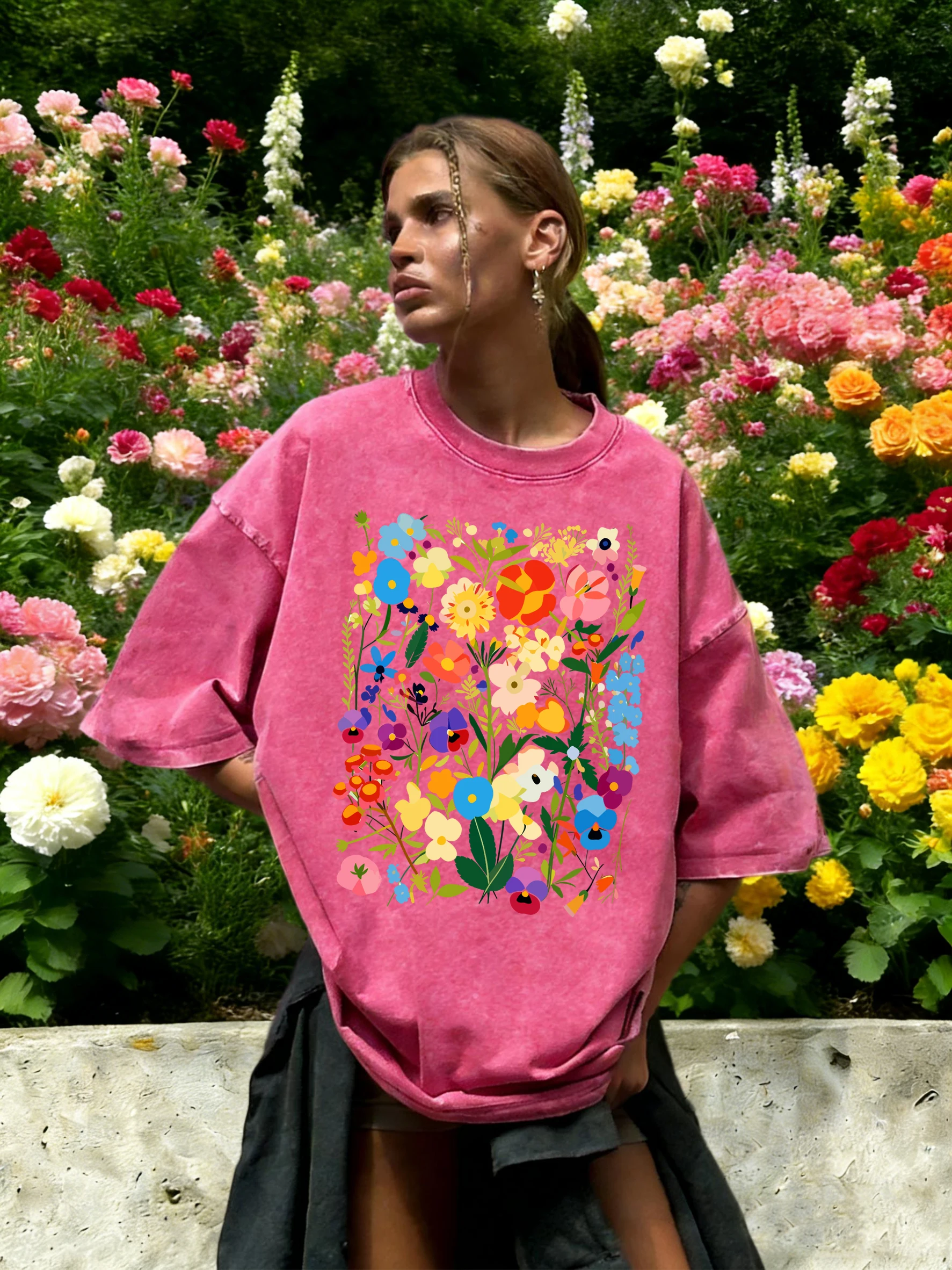 Bohemian Colorful Flowers Print Washed T-Shirt Women Cotton Summer Short Sleeves Loose Breathable T Shirts Y2K Soft Streetwear