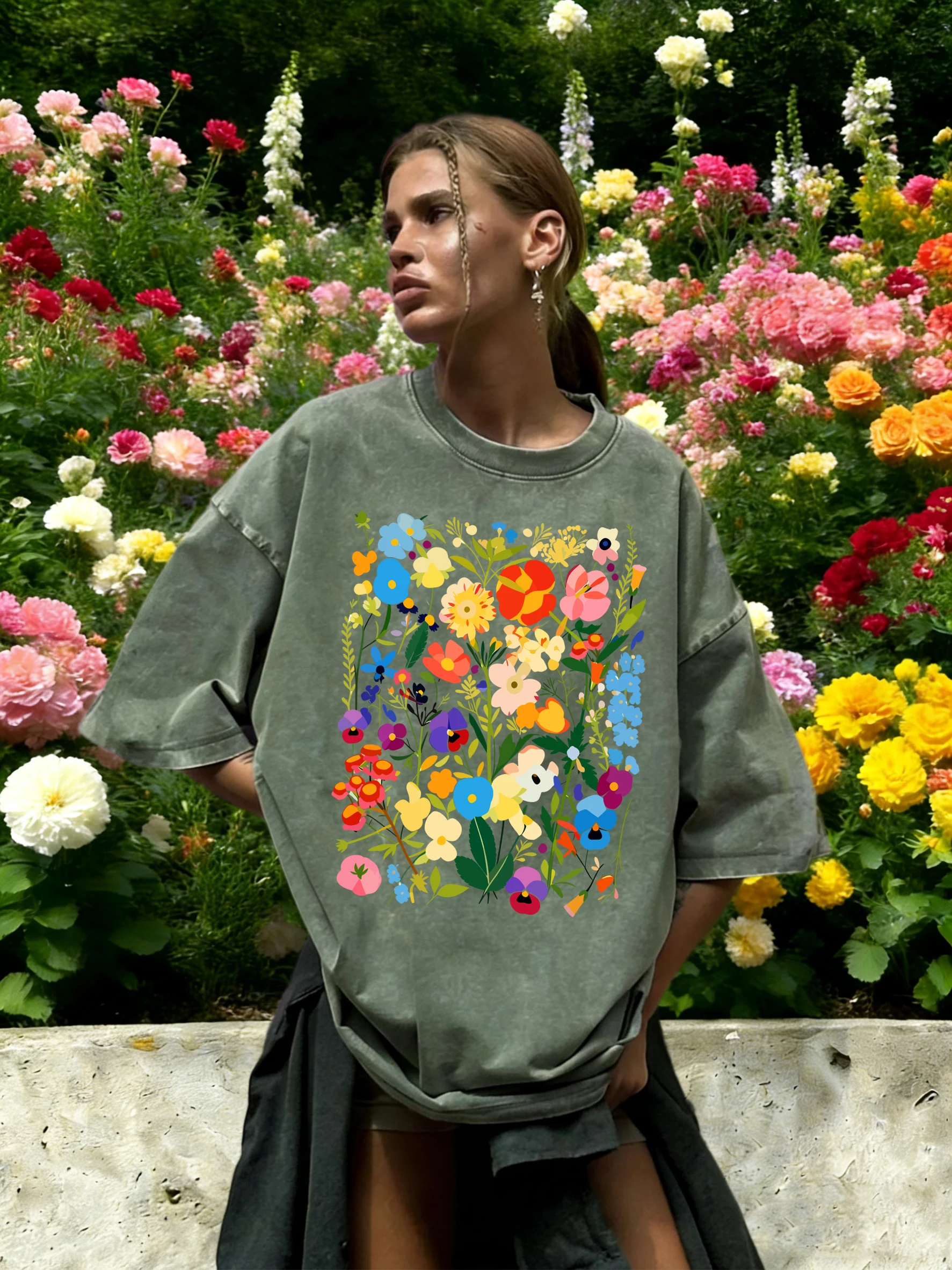 Bohemian Colorful Flowers Print Washed T-Shirt Women Cotton Summer Short Sleeves Loose Breathable T Shirts Y2K Soft Streetwear