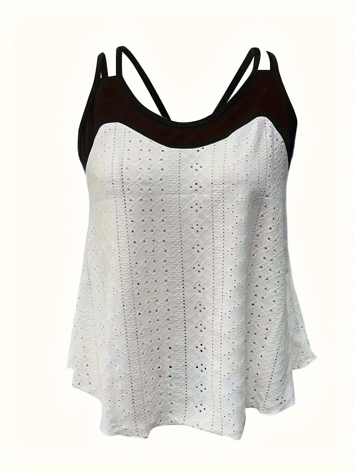 Plus Size Women's Color Block Eyelet Cami Top Spaghetti Strap V Neck Ruffle Hem Casual Tank Top