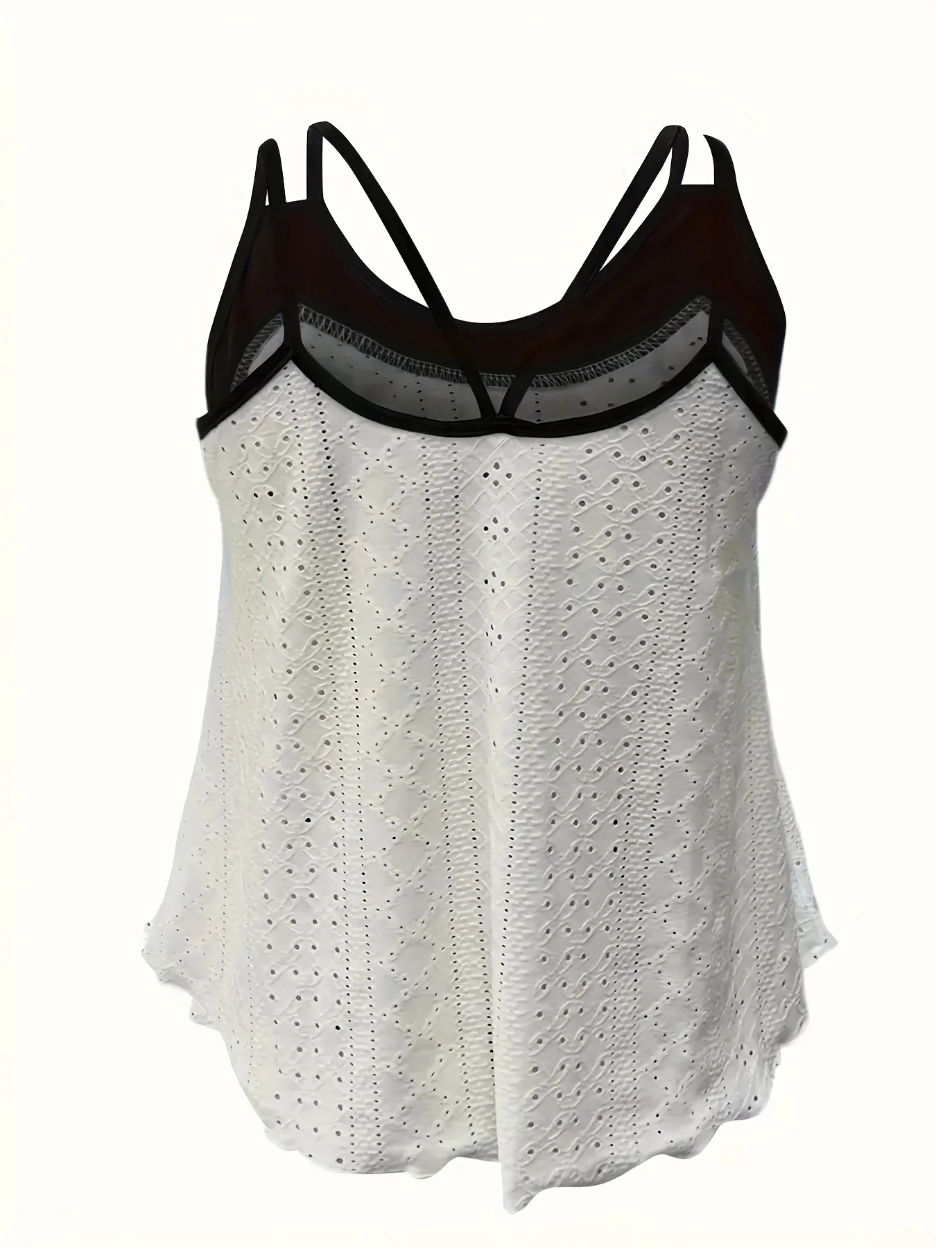 Plus Size Women's Color Block Eyelet Cami Top Spaghetti Strap V Neck Ruffle Hem Casual Tank Top