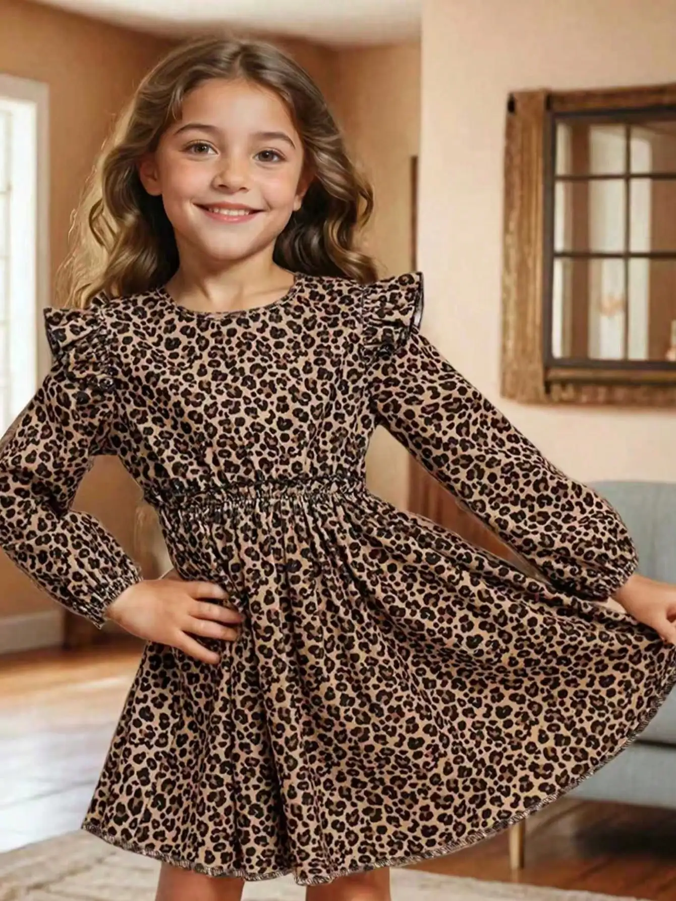 Elegant Four Season Leopard Print Long-Sleeved Ruffle Edge Dress for Girls, Slim Knit Fabric with Flared Ruffle Edge Details